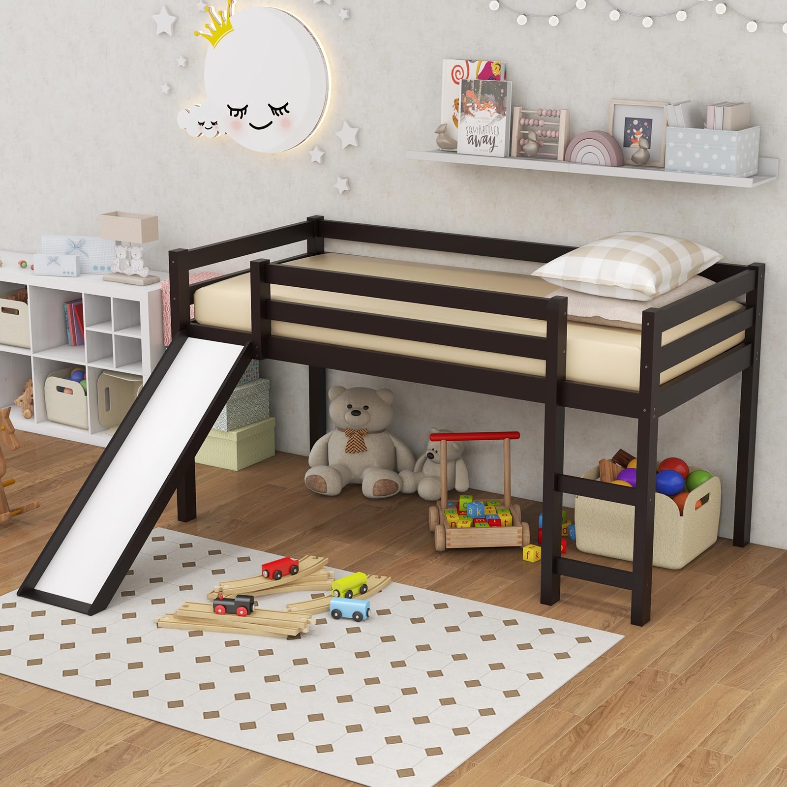 Giantex Twin Loft Bed with Slide - Wooden Low Loft Bed for Kids & Toddlers - Twin Bed Frame with Climbing Ladder & Storage - No Box Spring Needed - Espresso Finish - Perfect for Small Bedrooms, Playrooms & Kids' Sleepovers