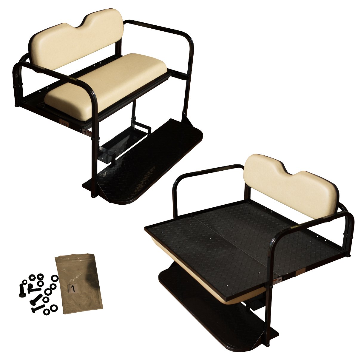 Performance Plus Carts Club Car DS Golf Cart Flip Folding Rear Back Seat Kit with Buff Cushions - Heavy Duty Golf Cart Accessories for Outdoor Adventures, Camping & Hunting