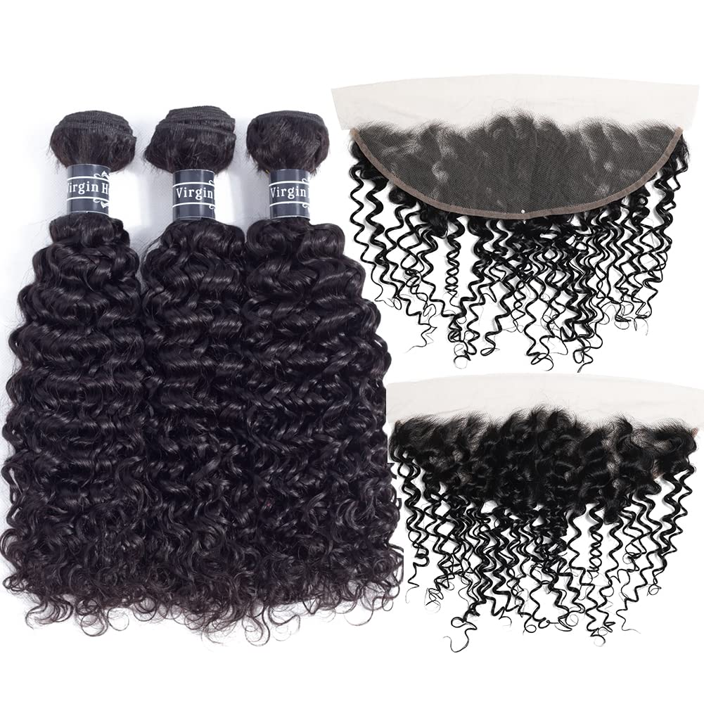 Amella Hair 8A Unprocessed Brazilian Curly Hair Bundles with Frontal - 100% Human Hair Weave (3 Bundles + 16