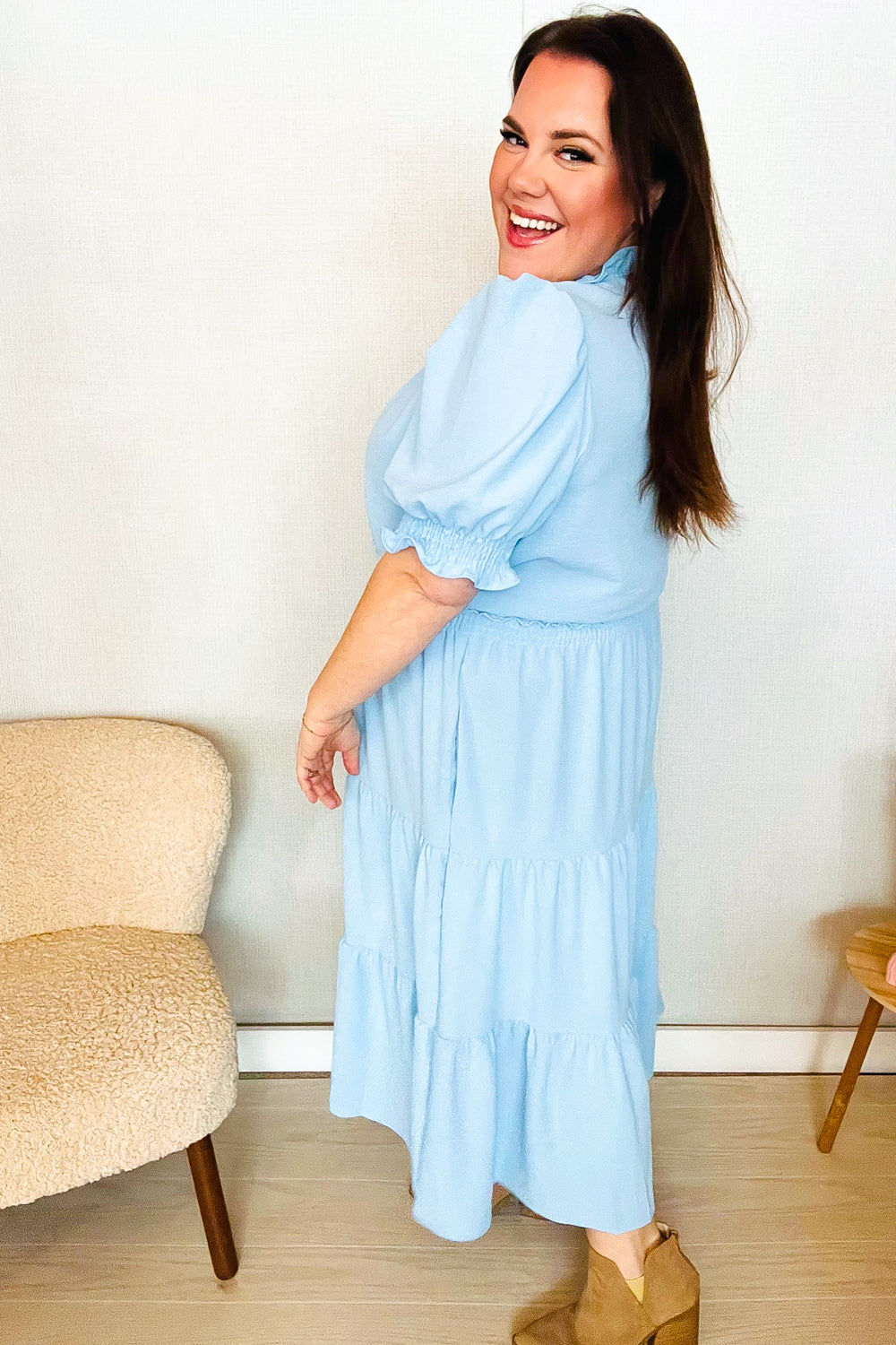 Follow Me Aqua Frill Notch Neck Shirred Waist Tiered Maxi Dress - Elegant Summer Beach Dress for Women, Perfect for Vacations, Weddings & Outdoor Parties