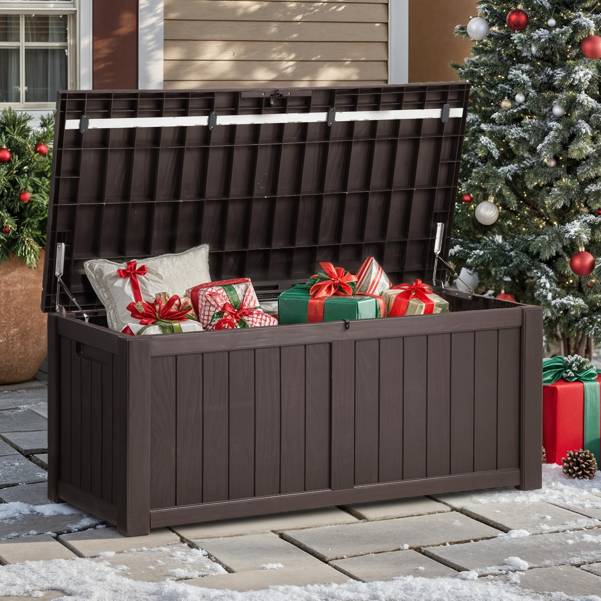 YITAHOME 120 Gallon Outdoor Storage Deck Box - Large Waterproof Resin Patio Storage Container for Garden Tools, Pool Supplies & Outdoor Cushions - Lockable Deck Box (Brown) - Perfect for Backyard, Patio & Poolside Organization