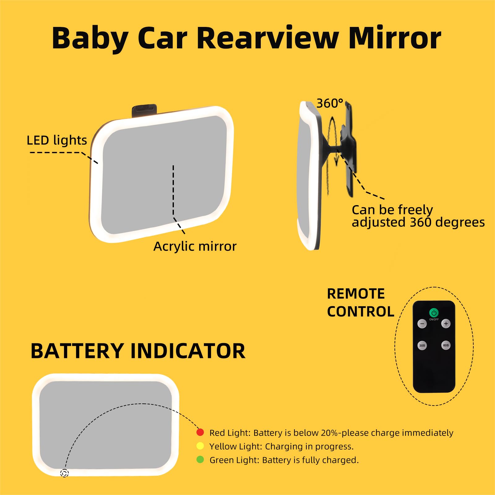 Baby Car Mirror with Light - 3000mAh Rechargeable, Shatterproof & Adjustable Rear-Facing Infant Mirror for Car Seats | Wide View, 360° Rotation, Remote Control | Safe Travel Essential for Newborns & Toddlers | Perfect for Road Trips, Daily Commutes & Long Drives