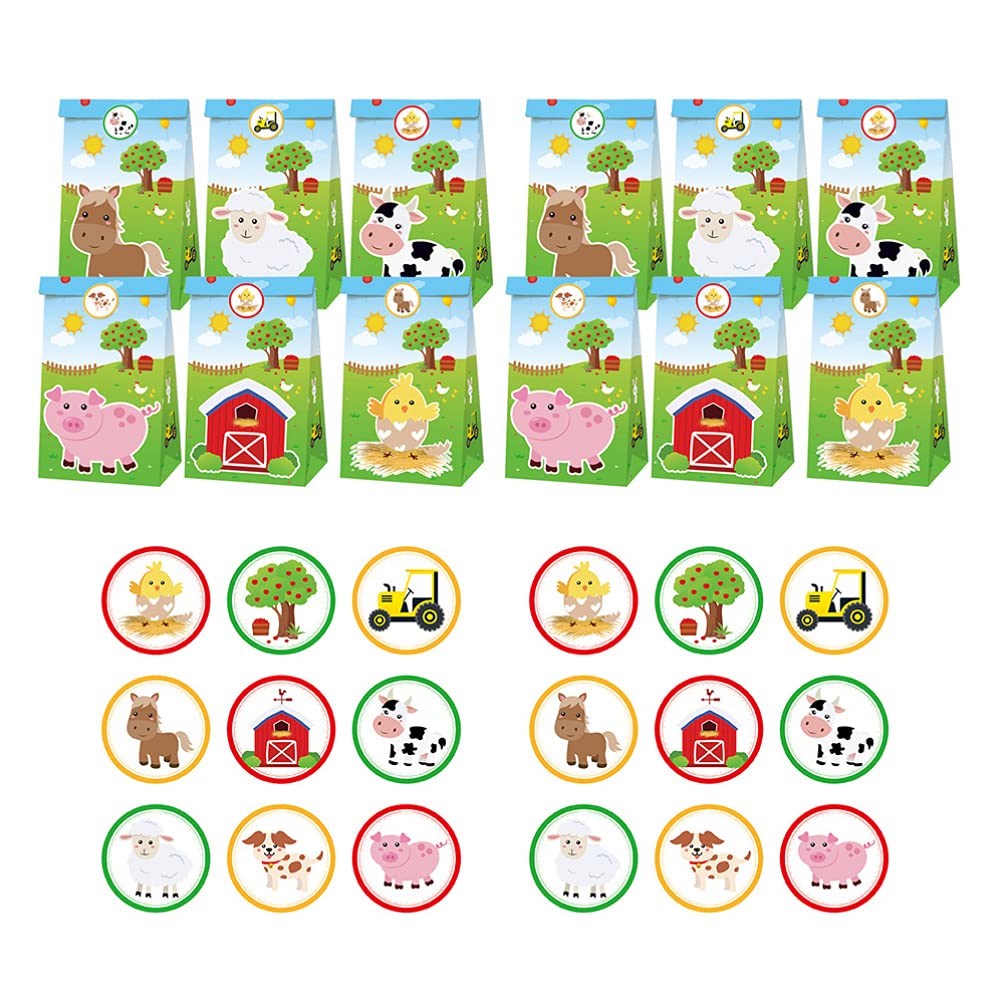 Farm-Themed Paper Candy Bags 12PCS with 18 Stickers for Baking Gifts & Party Favors