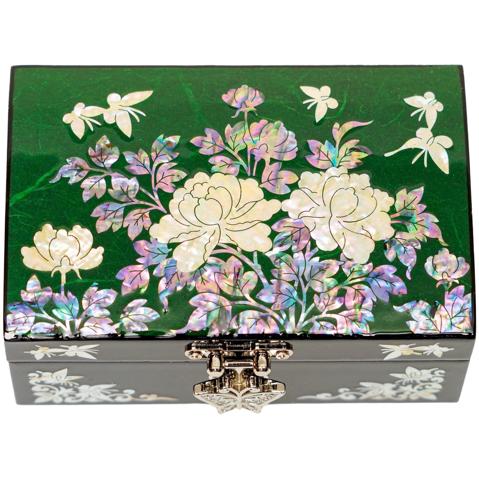February Mountain Mother of Pearl Jewelry Box with Mirror Lid - Elegant Jewelry Organizer for Earrings, Necklaces, Rings & Bracelets - Perfect Gift for Women - Clover Green - Ideal for Vanity, Dresser or Travel Accessory Storage