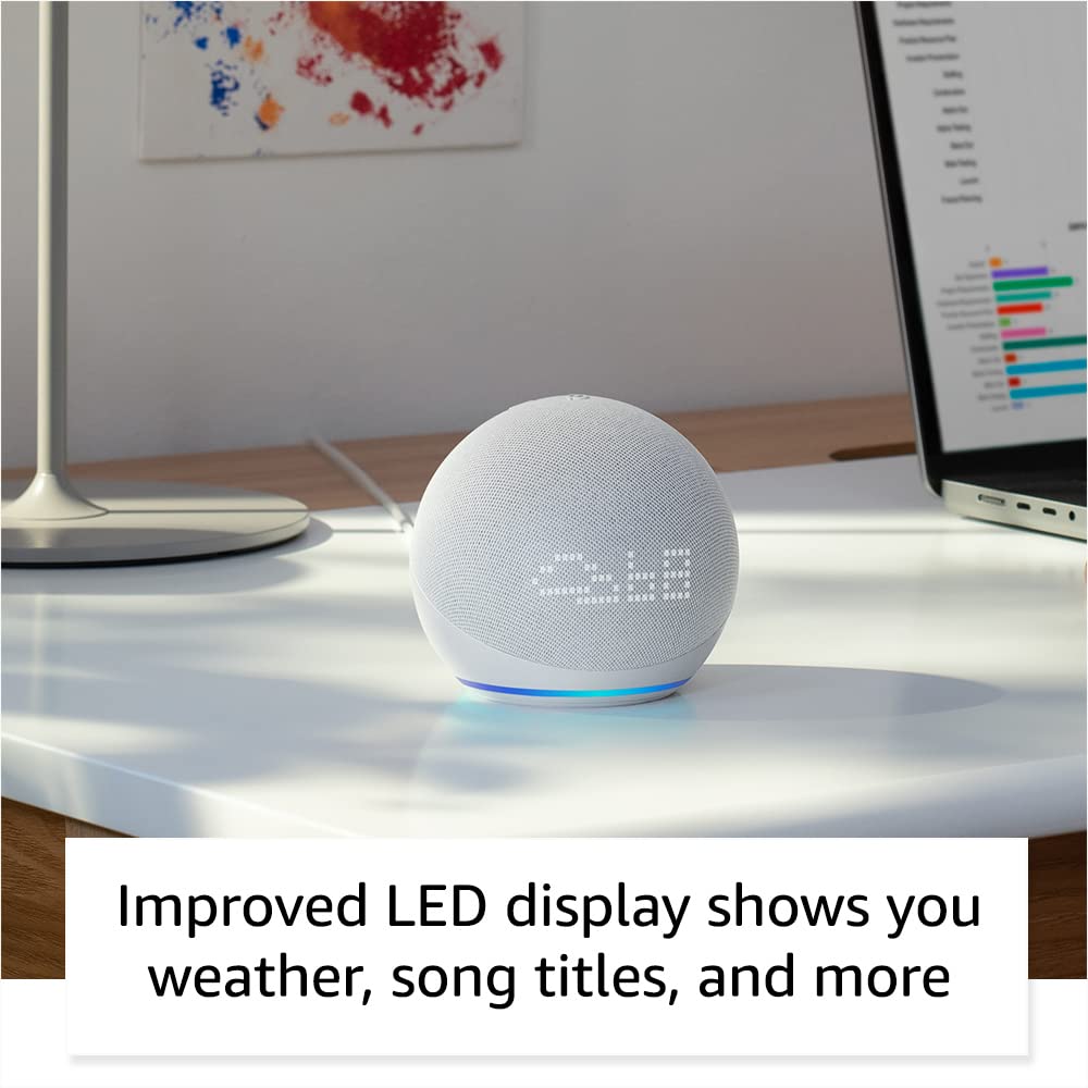 Like-New Echo Dot (5th Gen, 2022) Smart Speaker with Alexa & LED Clock Display - Cloud Blue | Voice Control Music, Weather, Alarms & Smart Home Devices | Perfect for Bedroom, Office & Kitchen