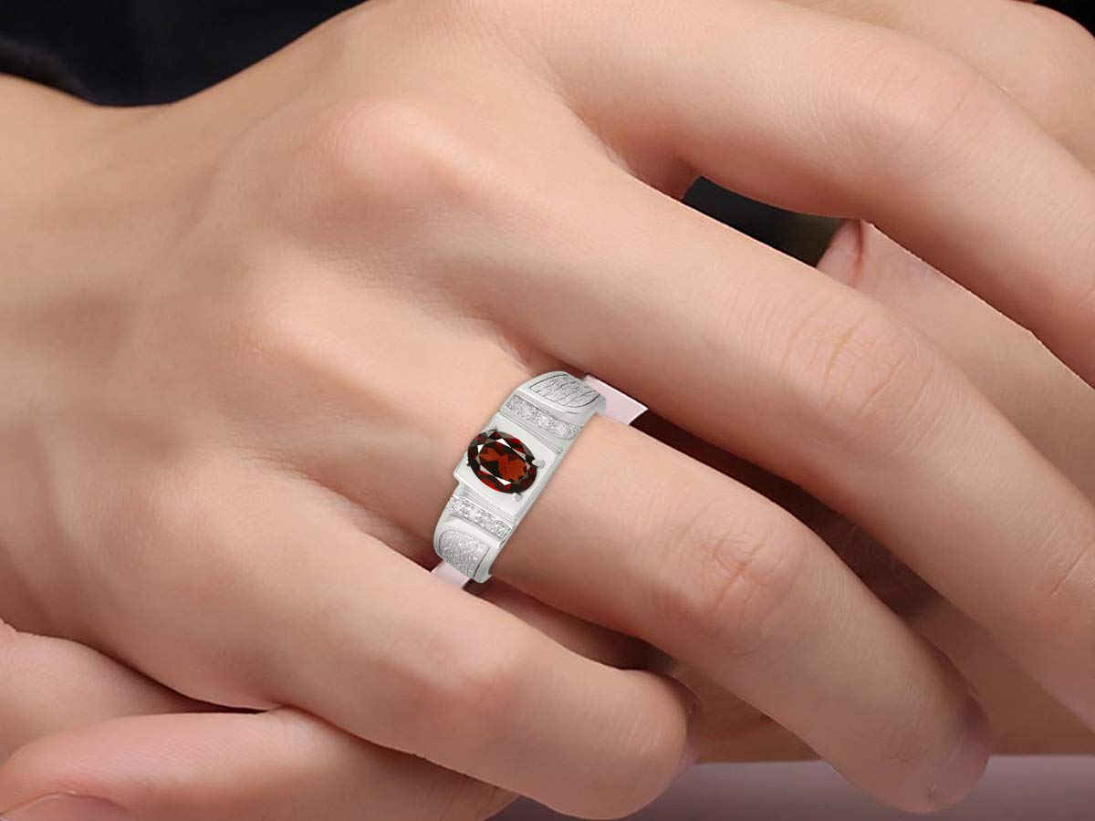 Rylos Sterling Silver Men's Rings with 8X6MM Oval Diamond & Gemstone - Classic Designer Birthstone Rings for Men (Sizes 8-13) - Perfect for Weddings, Anniversaries, and Gifts