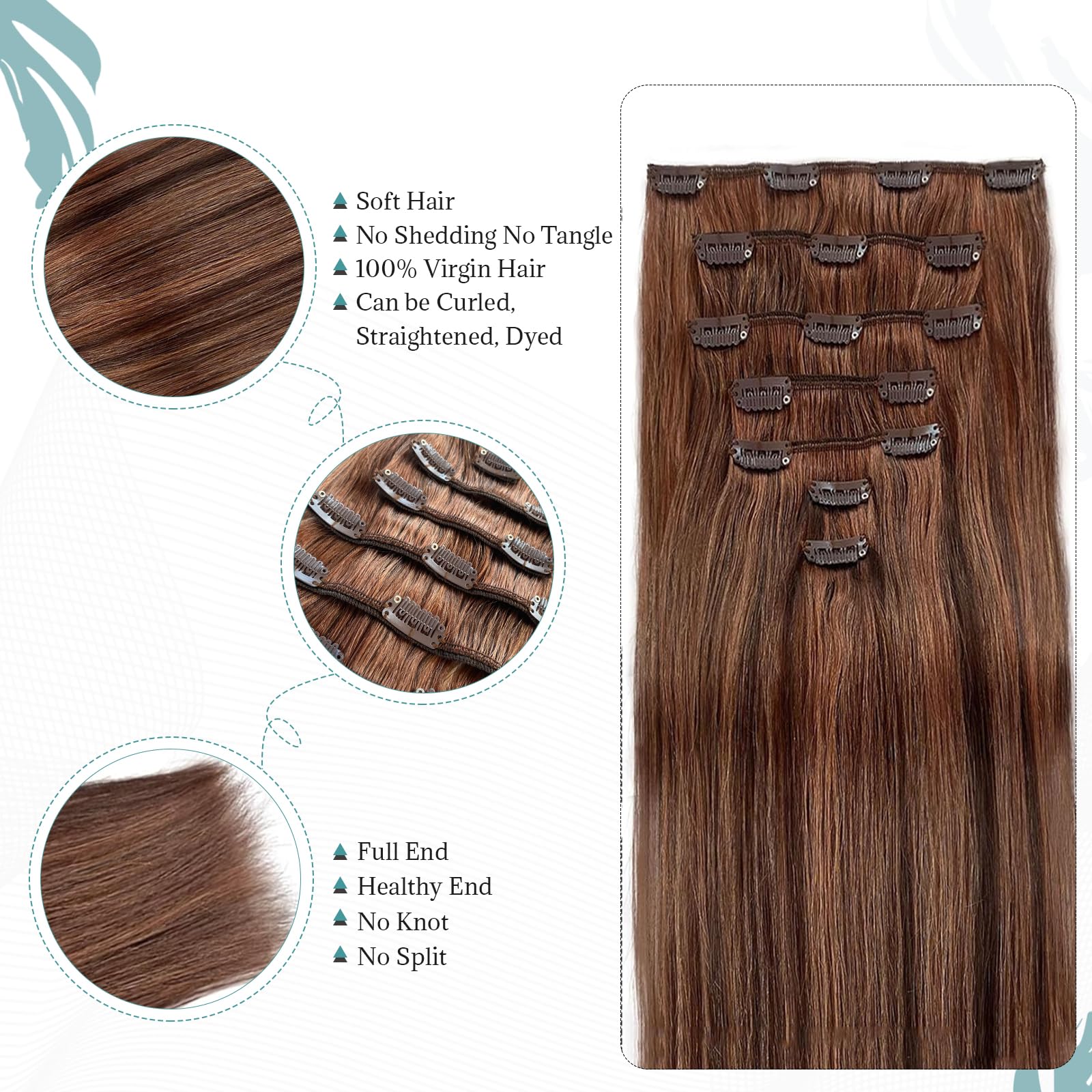 70g Clip-in Human Hair Extensions - Brown Balayage with Blonde Highlights, Double Weft Silky Straight Remy Hair (7Pcs, 18inch) for Volume & Length - Perfect for Parties, Weddings & Daily Styling