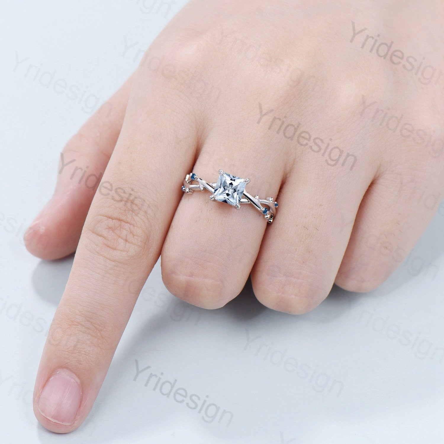 2CT Natural Princess Cut Aquamarine Ring - March Birthstone Engagement Ring, Nature Inspired Twig Wedding Band, Unique Leaf Branch Promise Gift for Her - Perfect for Proposals, Anniversaries & Special Occasions