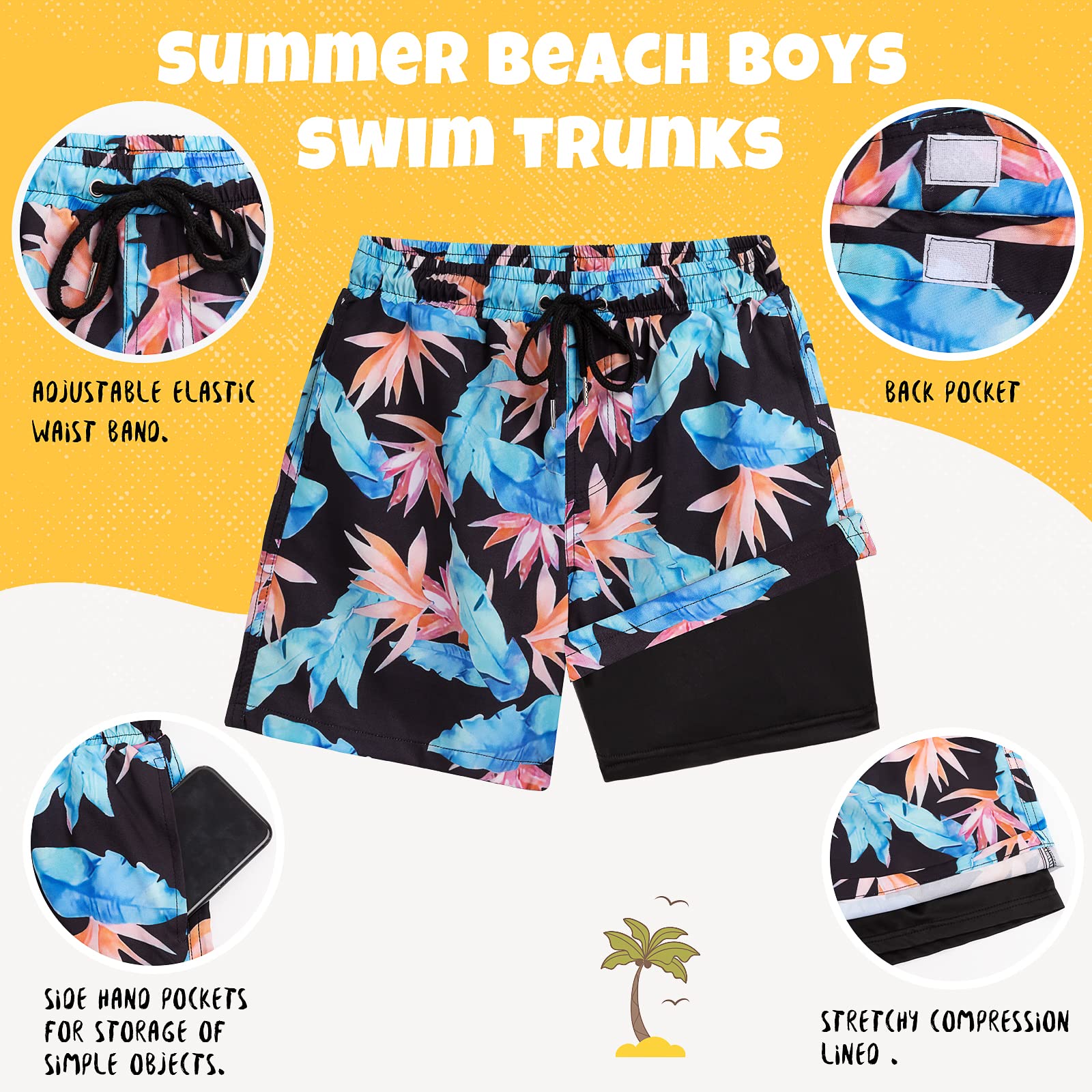 **Boys Quick Dry Swim Trunks with Boxer Brief Liner - UPF 50+ Sun Protection, Comfortable Bathing Suit for Beach, Pool & Water Sports**