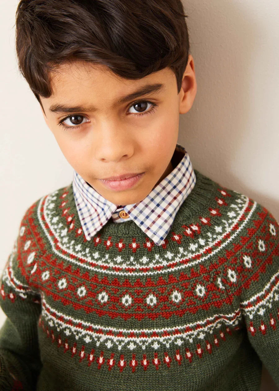 Green Fair Isle Merino Wool Sweater for Boys - Cozy Winter Knitwear for School & Outdoor Activities