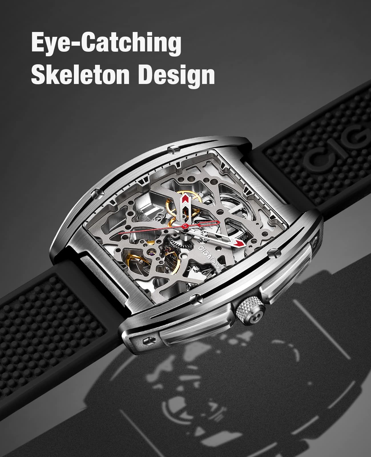 CIGA Design Z Series Automatic Skeleton Watch - Luxury Tonneau Mechanical Wristwatch with Leather & Silicone Strap, Stainless Steel Case, Waterproof Dress Watch for Men & Women | Perfect for Business, Formal Events & Gift Giving