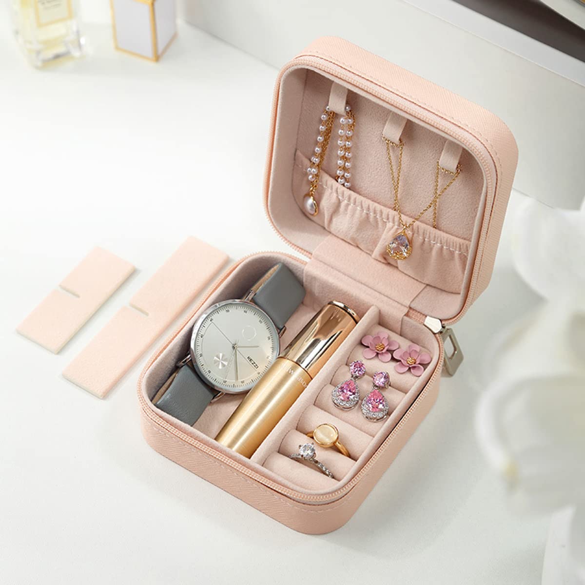 PU Leather Jewelry Box - Double Layer Travel Jewelry Organizer for Necklace, Ring & Small Accessories (10x10x5cm, Pink) | Perfect Gift for Women & Girls | Compact Storage for Travel, Home & Office Use
