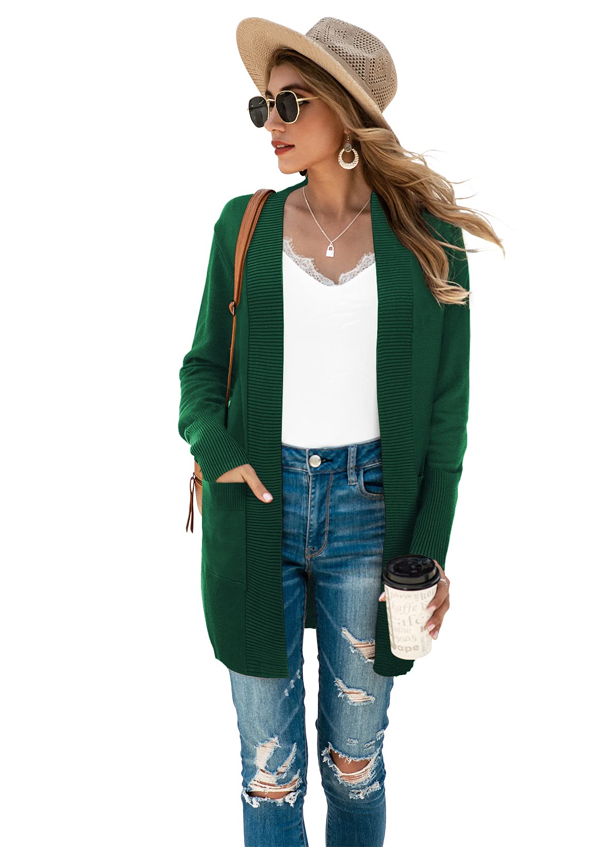 SUEANI Women's Open Front Long Sleeve Knit Cardigan with Pockets - Soft Casual Sweater for Fall & Winter, Perfect for Office, Lounge & Coffee Dates