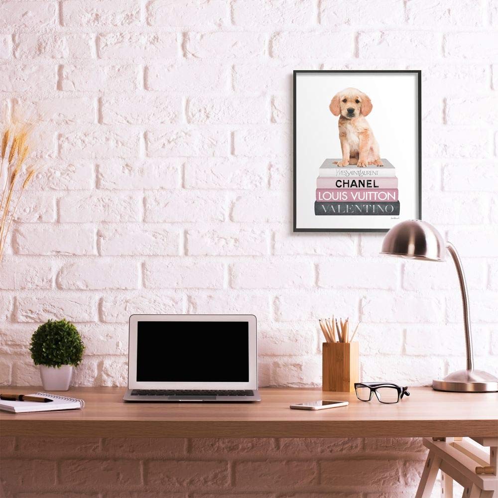 Stupell Industries Adorable Puppy Sitting on Glam Fashion Books - 24x30 Inch White Framed Wall Art Decor for Living Room, Bedroom & Office