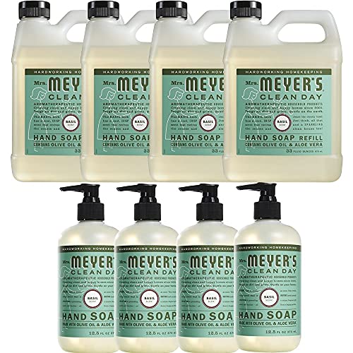 Premium Liquid Hand Soap & Refill Combo Set - 4 x 12.5oz Bottles + 4 x 33oz Refills, Basil Scented - Gentle Cleansing for Kitchen, Bathroom & Office Use