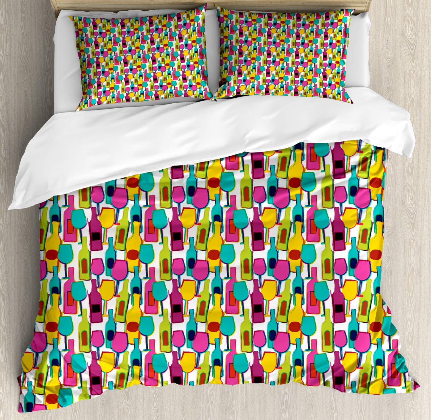 Ambesonne Wine Duvet Cover Set - Hand-Painted Wine Bottles & Glasses Design, 3-Piece Queen Size Bedding Set with 2 Pillow Shams in Pink & Yellow | Perfect for Bar Themed Bedrooms, Wine Lover Gifts & Party Decorations
