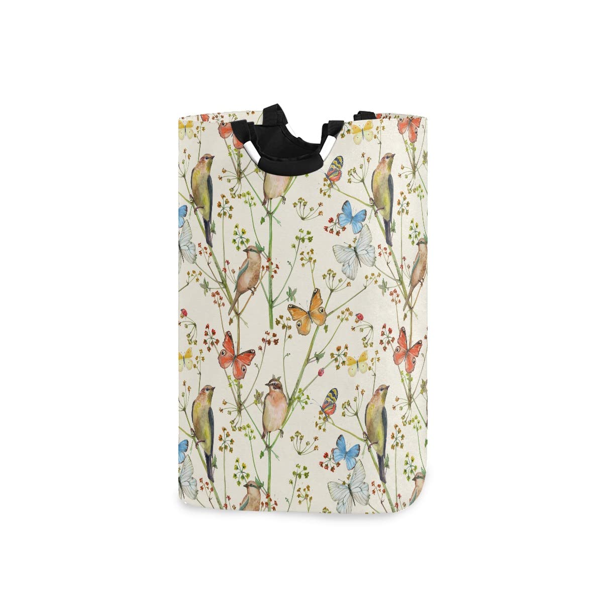 Foldable Laundry Bag with Handles - Collapsible Hamper Basket for Clothes Storage | Birds & Butterflies Design for Laundry Room Decor | Perfect for Bathroom Organization, Dorm Rooms & Travel