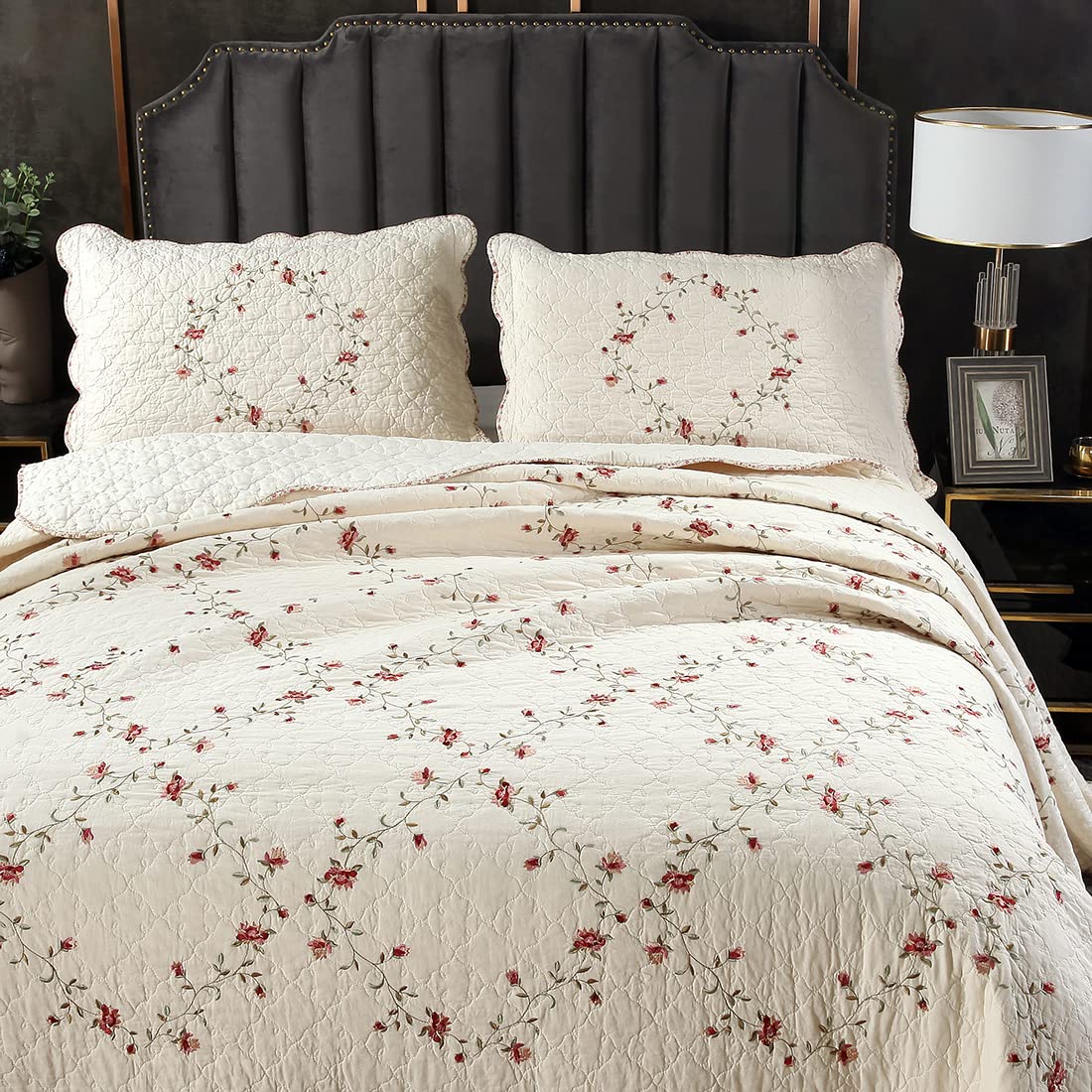 VCTOPS 2-Piece King Size Floral Embroidered Pillow Shams Set - 100% Cotton Quilted Decorative Pillow Covers (20x36 Inches, Cream) for Bedroom, Living Room & Home Decor