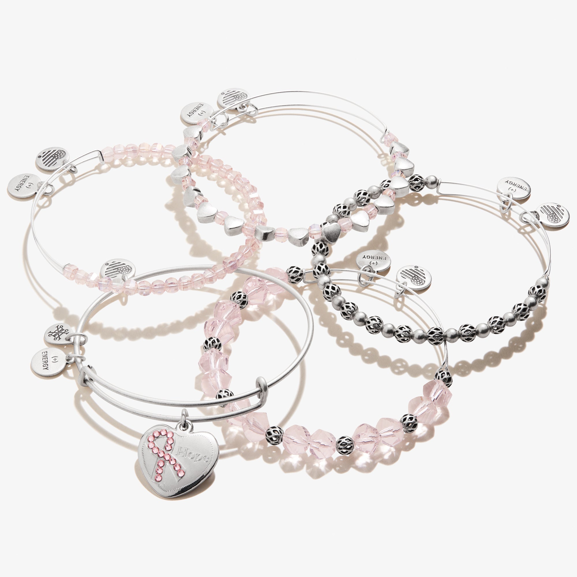 Hope Pink Ribbon Charm Bangle Bracelet Set of 5 - Breast Cancer Awareness Jewelry for Women, Fundraising Events & Support Gifts