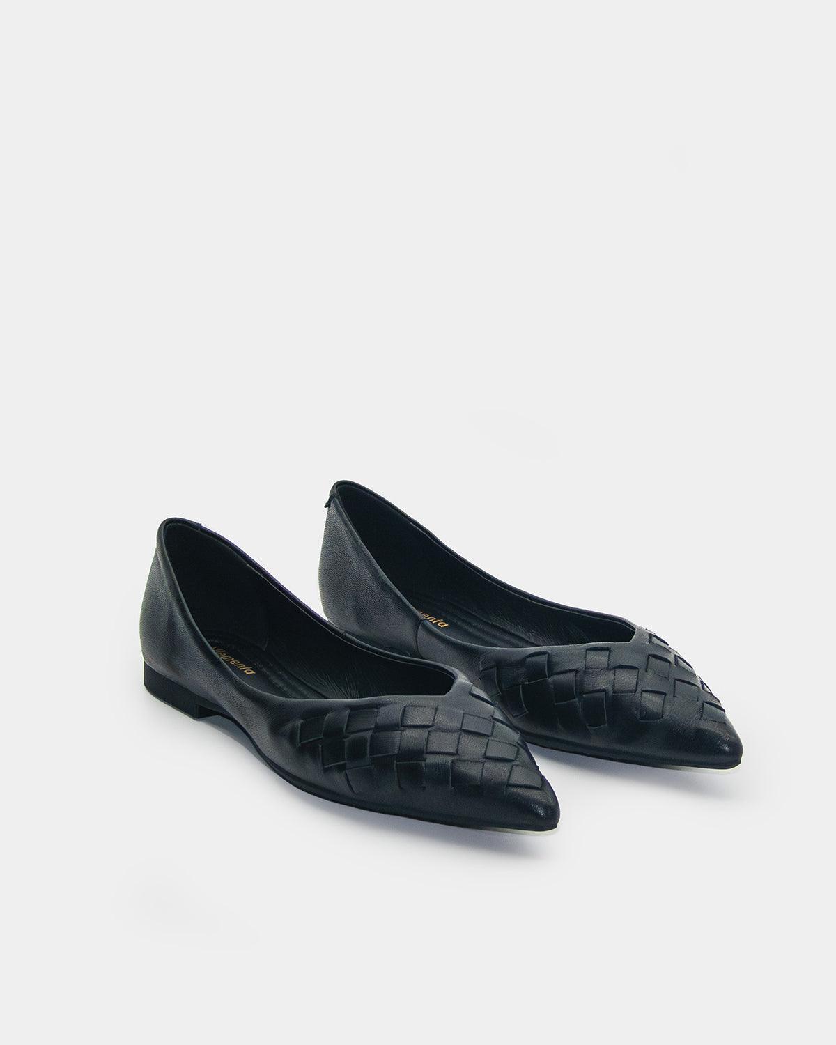 Black Woven Leather Pointed Toe Flats for Women - Comfortable Dress Shoes for Office, Party & Wedding - Stylish Loafers with Cushioned Insole