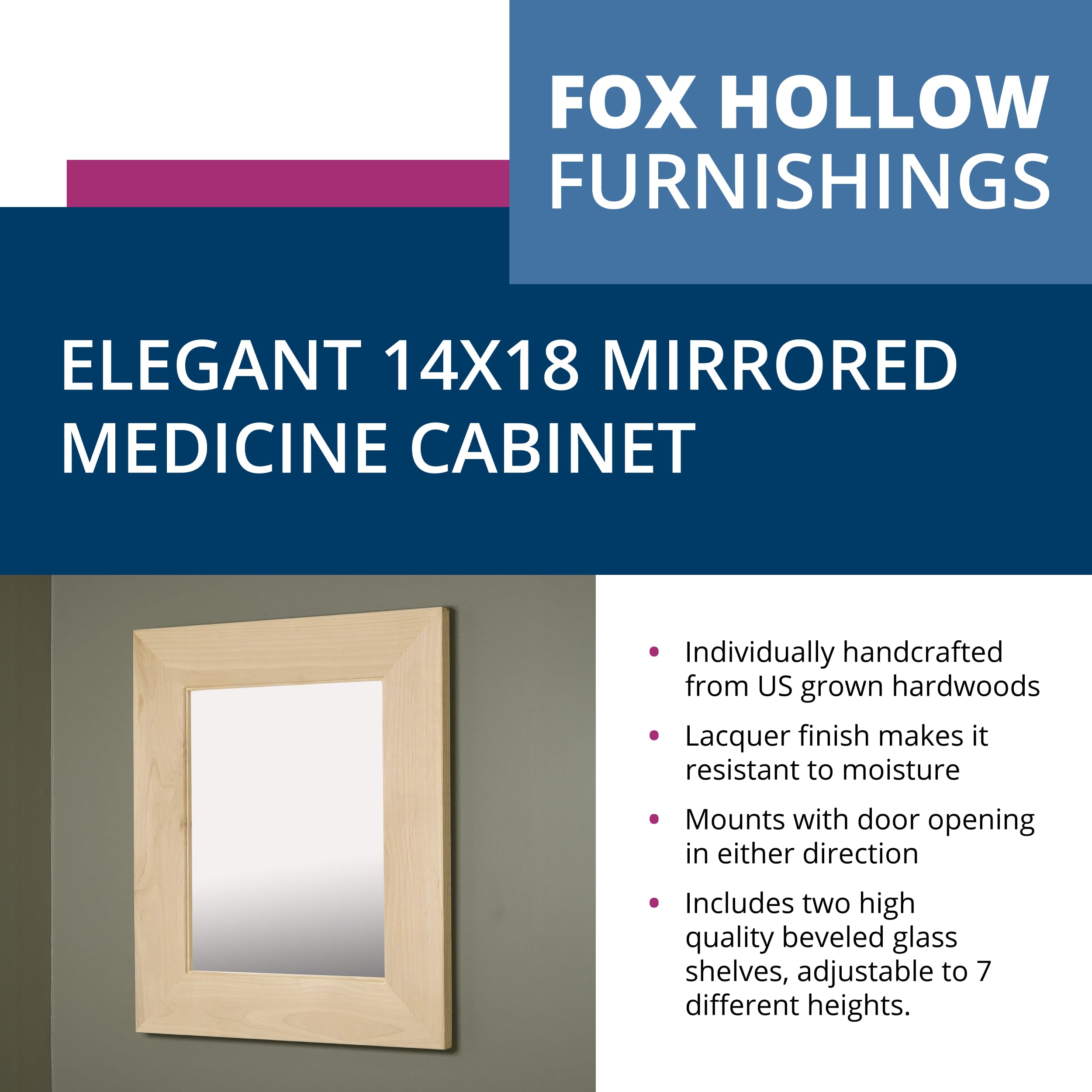 Fox Hollow Furnishings 14x18 Inch Recessed Medicine Cabinet with Mirror - Wall Mounted Bathroom Storage with 2 Adjustable Shelves, Unfinished Flat Surface - Perfect for Small Bathrooms, Powder Rooms and Vanity Areas