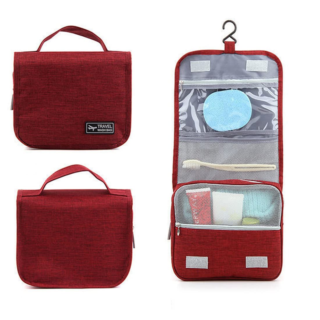 Waterproof Travel Makeup Bag with Hook & Handle - Cosmetic Organizer for Toiletries, Cosmetics, Brushes, Jewelry & Digital Accessories (Wine Red) | Perfect for Vacation, Gym & Daily Use
