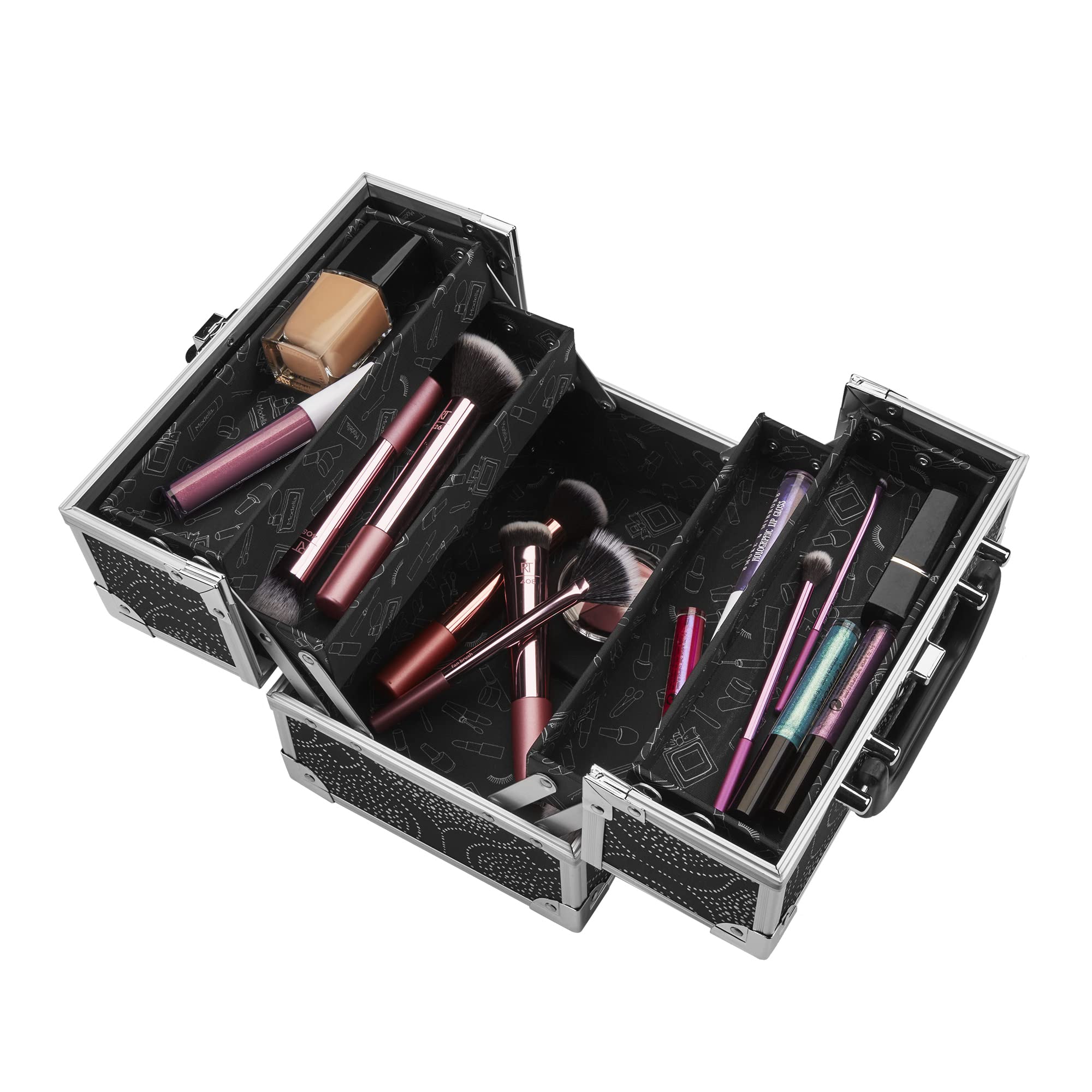 Conair Makeup Beauty Case - Black Print Cosmetic Organizer with Expandable Shelves & Locking Latch | Travel-Friendly Makeup Storage for London SOHO & New York Style | Perfect for Home, Travel & Professional Makeup Artists