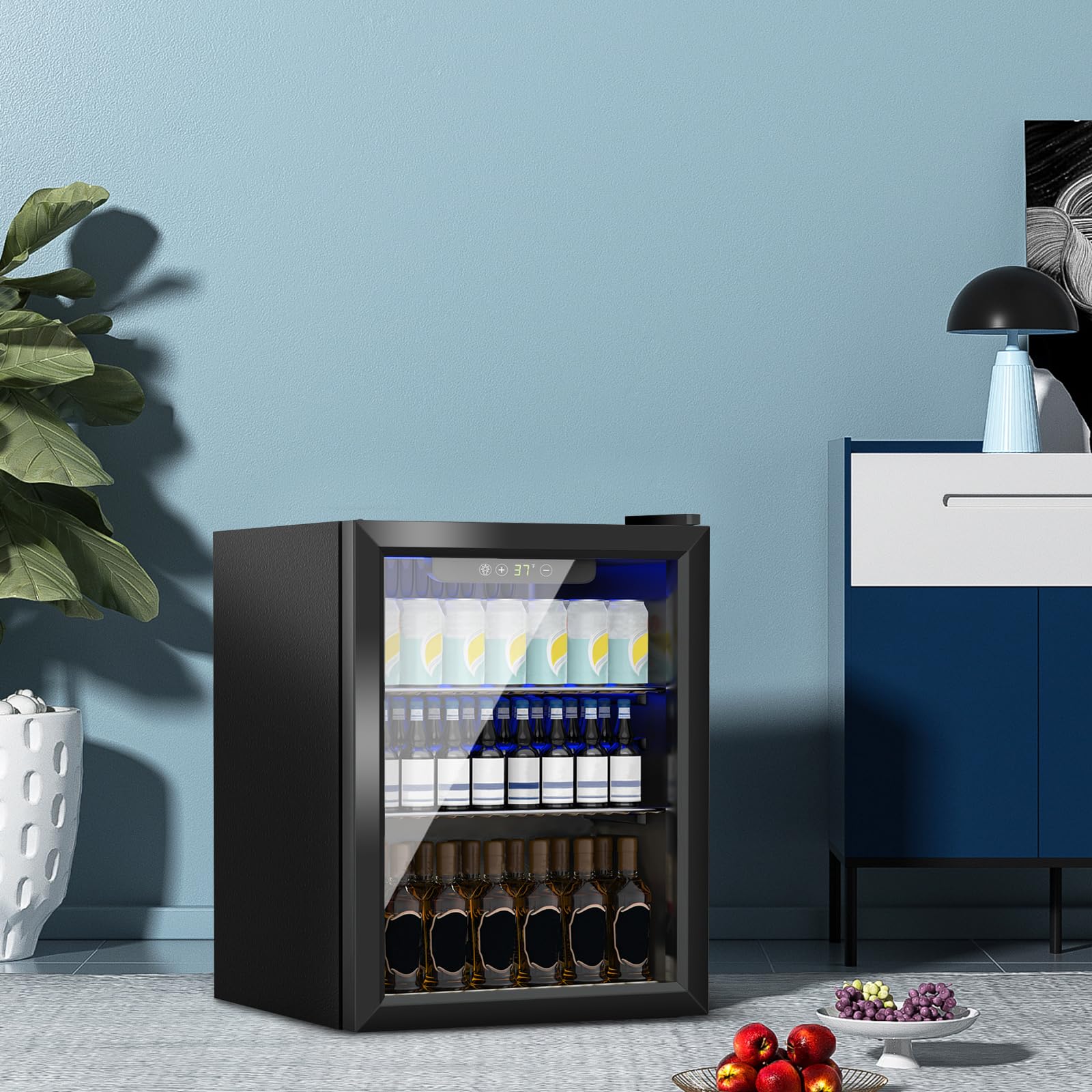 70 Can Mini Fridge Beverage Cooler - 1.6 Cubic Feet Compact Refrigerator with Glass Door & Digital Display, Adjustable Shelves for Soda Beer Wine - Perfect for Home Office Dorm Bar Kitchen (Black)
