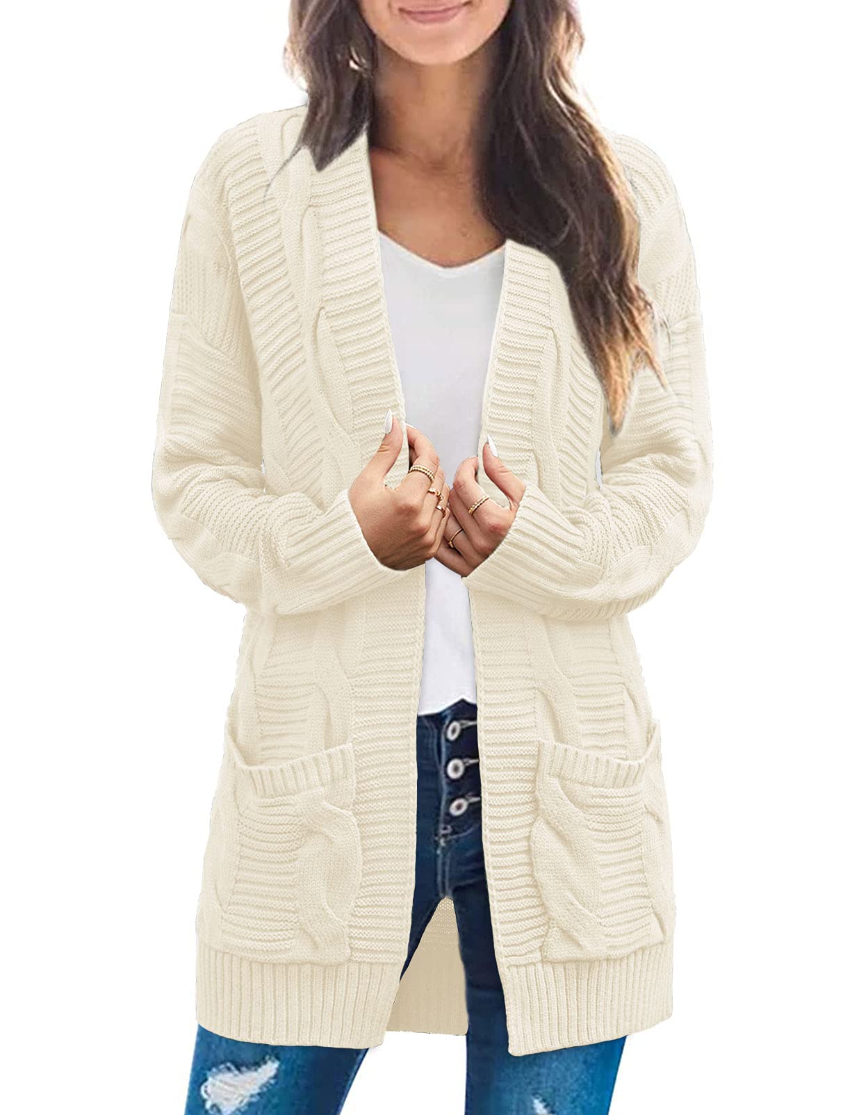 MEROKEETY Women's Long Sleeve Cable Knit Cardigan Sweater - Open Front Fall Coat for Women | Cozy Winter Layering, Office Wear & Casual Outfit