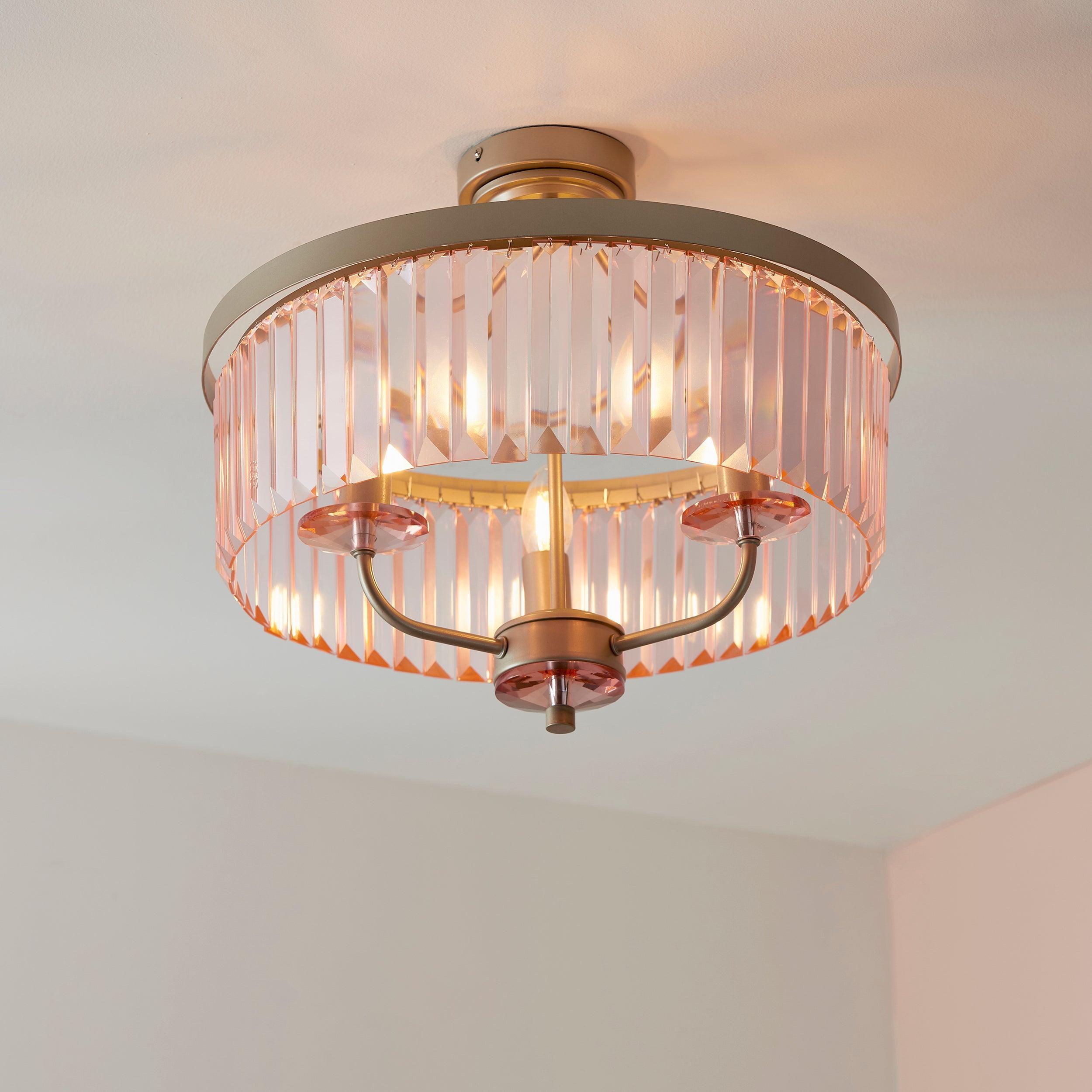 Ealing 3-Light Round Champagne & Pink Cut Glass Semi-Flush Ceiling Light - Perfect for Bedroom, Dining Room, or Entryway Lighting