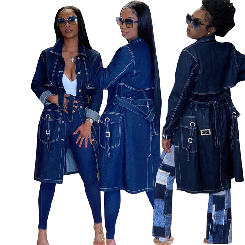 Stylish Long Sleeve Denim Trench Coat for Women - Vintage Inspired Jacket with Belt - Perfect for Fall Fashion, Casual Outings & Office Wear