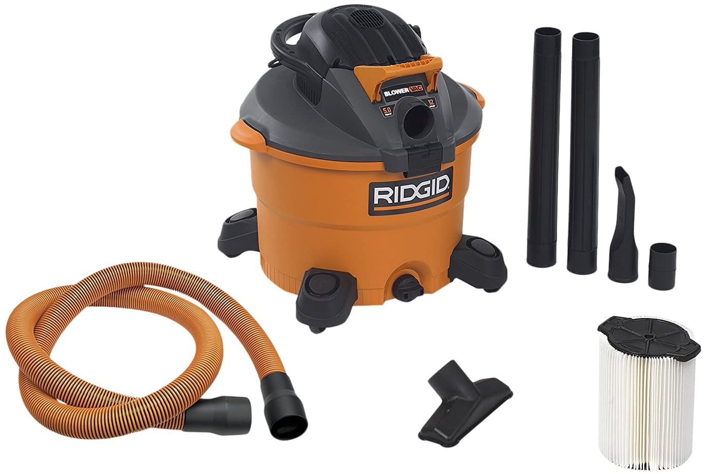 RIDGID VAC1200 12-Gallon Heavy Duty Wet Dry Vacuum Cleaner & Blower - 5.0 HP Detachable Leaf Blower with Pro Hose - Ideal for Garage, Workshop, Construction Sites and Outdoor Cleaning
