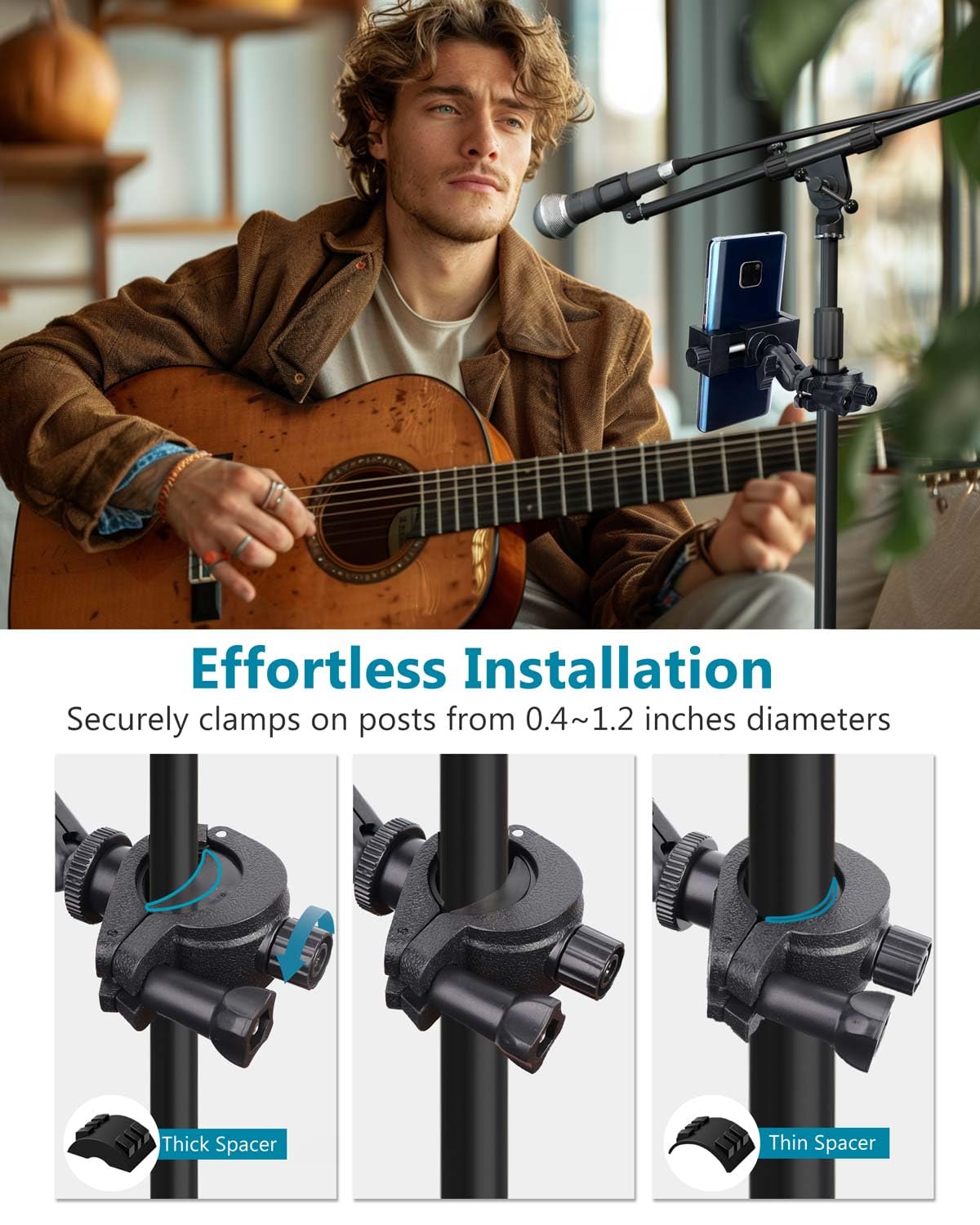 Universal Mic Stand Phone Holder - Adjustable Smartphone Mount for iPhone 15/14/13/12/11 Pro/Max/Mini, Samsung Galaxy S24/S23 Ultra, Google Pixel 8/7 - Perfect for Live Streaming, Music Recording & Instrument Practice (Microphone Stand, Music Stand, Guitar & Drums Accessory)