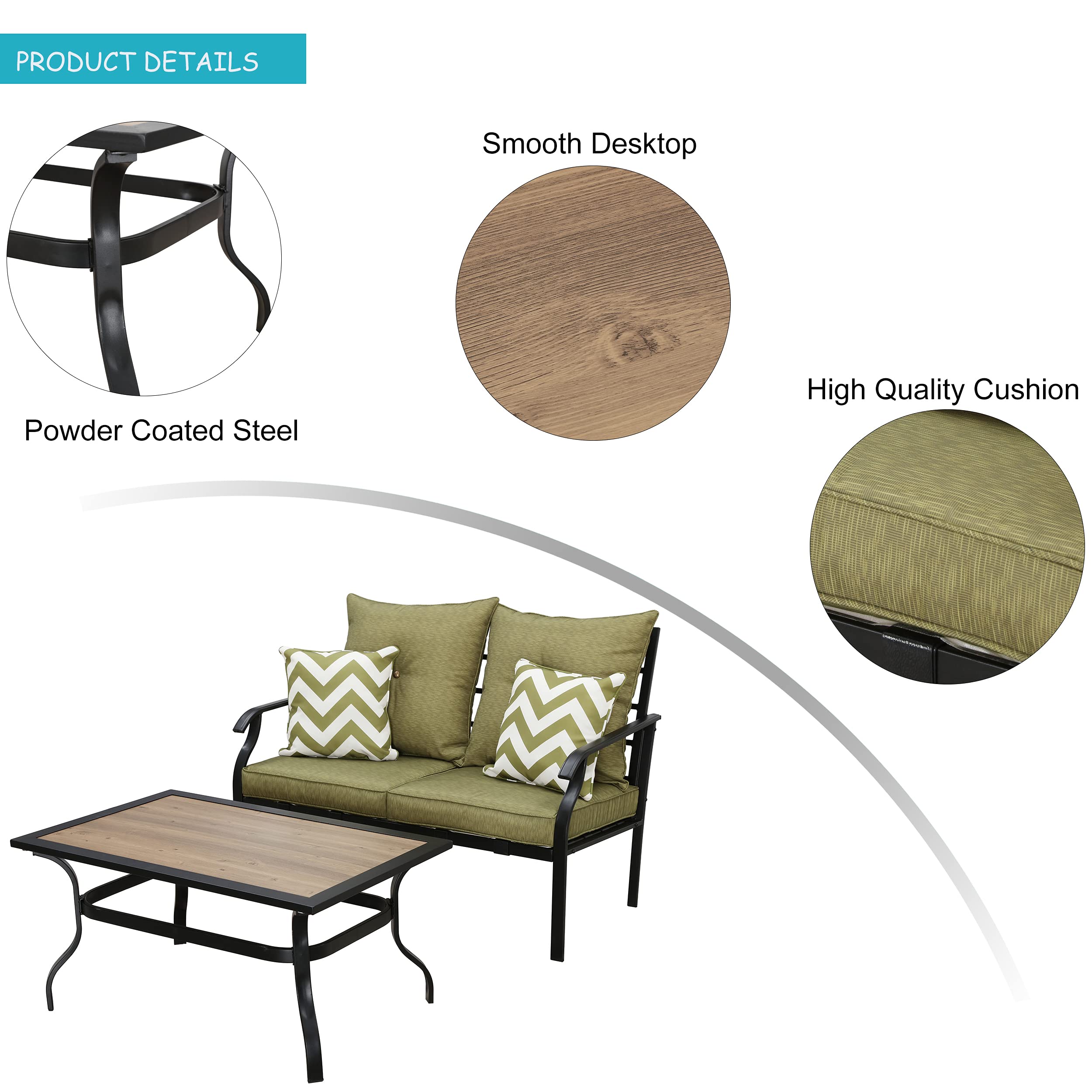 LOKATSE HOME 2-Piece Outdoor Loveseat Set with Cushions & Coffee Table - Patio Bistro Metal Bench Conversation Furniture for Garden, Backyard, Deck (Green) | Perfect for Relaxing, Entertaining Guests & Outdoor Dining