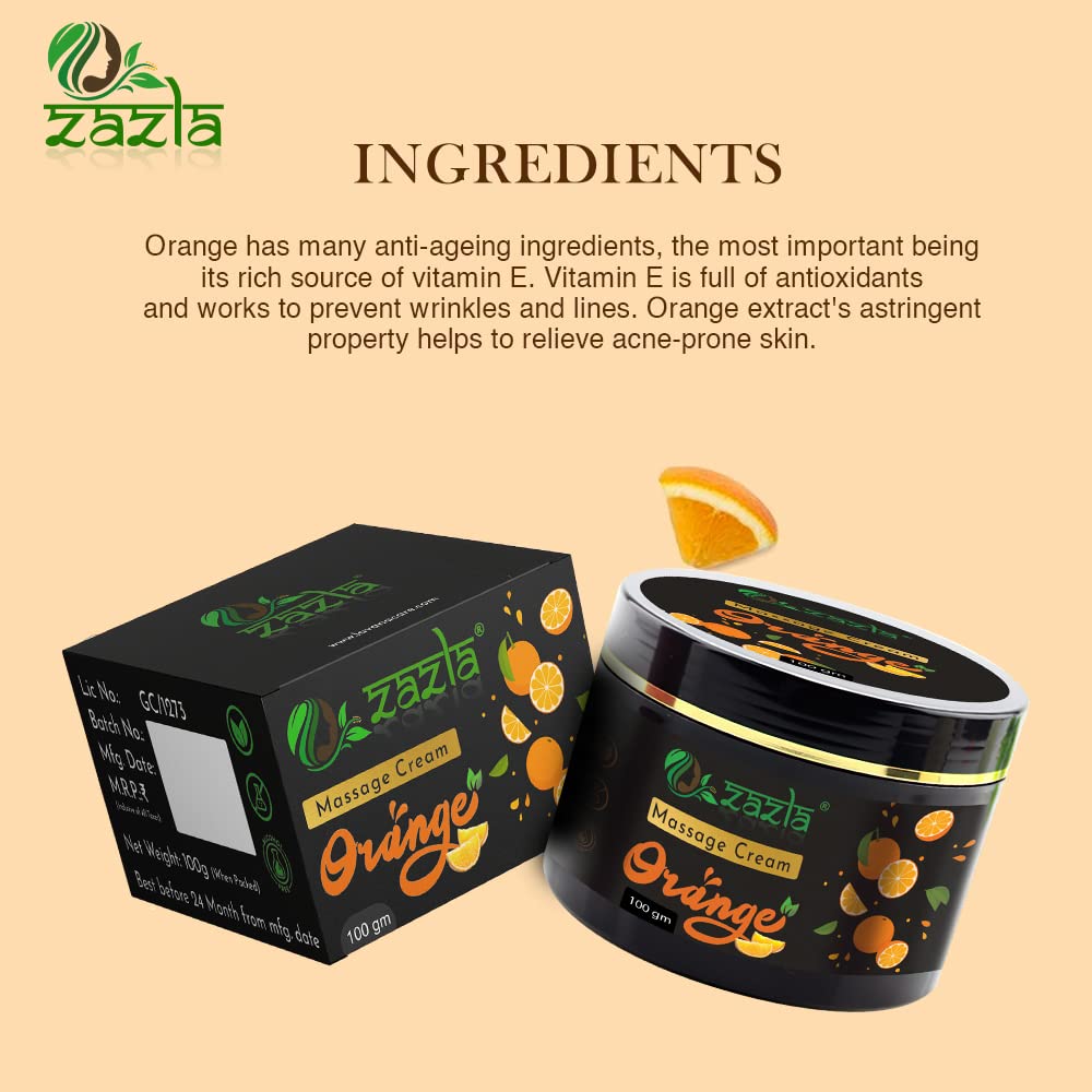 Zazla Orange Massage Cream for Face & Body - Moisturizing, Whitening & Brightening Cream | Softens & Nourishes Skin | 100g | Perfect for Spa, Home Massage & Skincare Routine