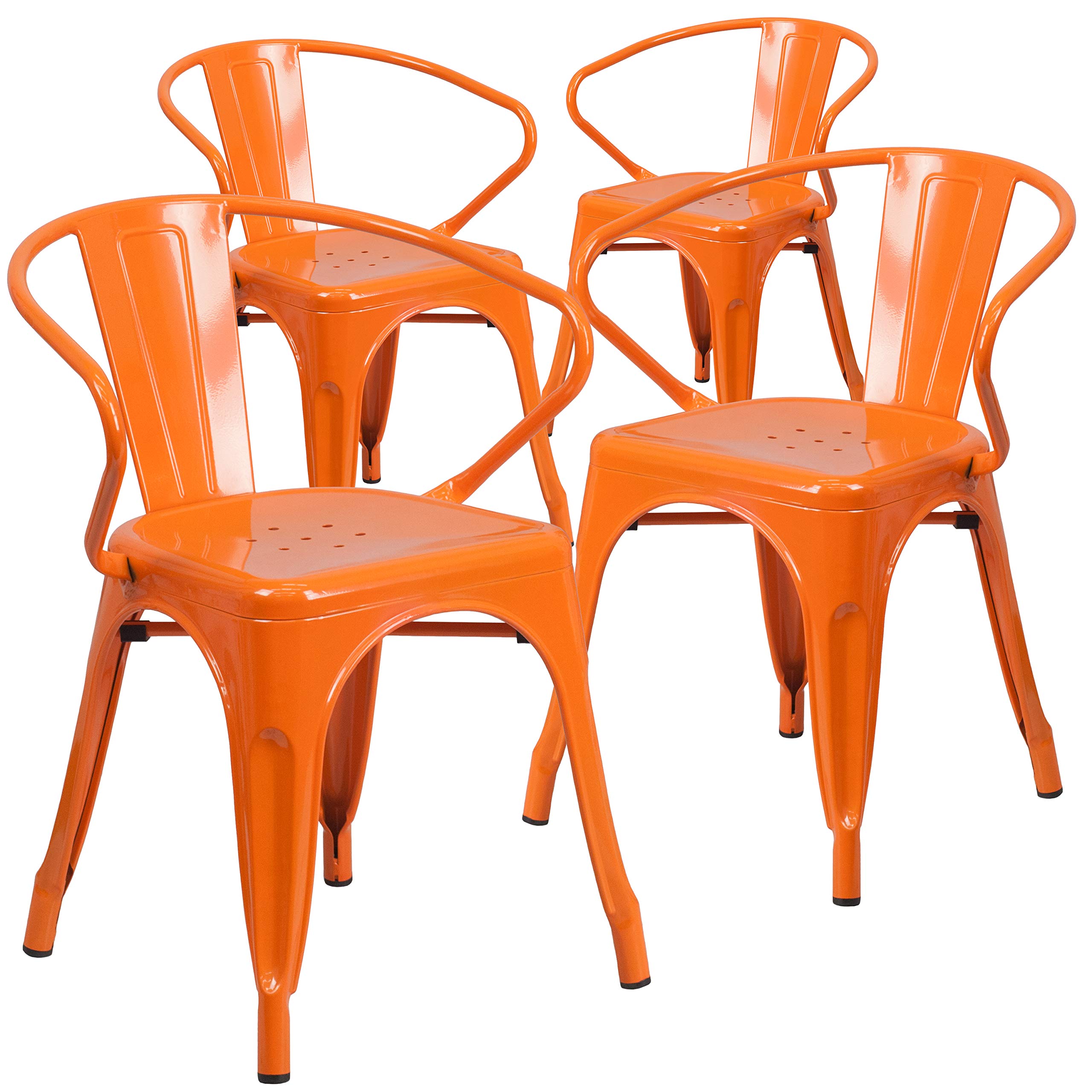Flash Furniture Roy Commercial Grade 4-Pack Orange Metal Indoor-Outdoor Arm Chairs - Durable Stackable Seating for Restaurants, Patios, Cafes & Events