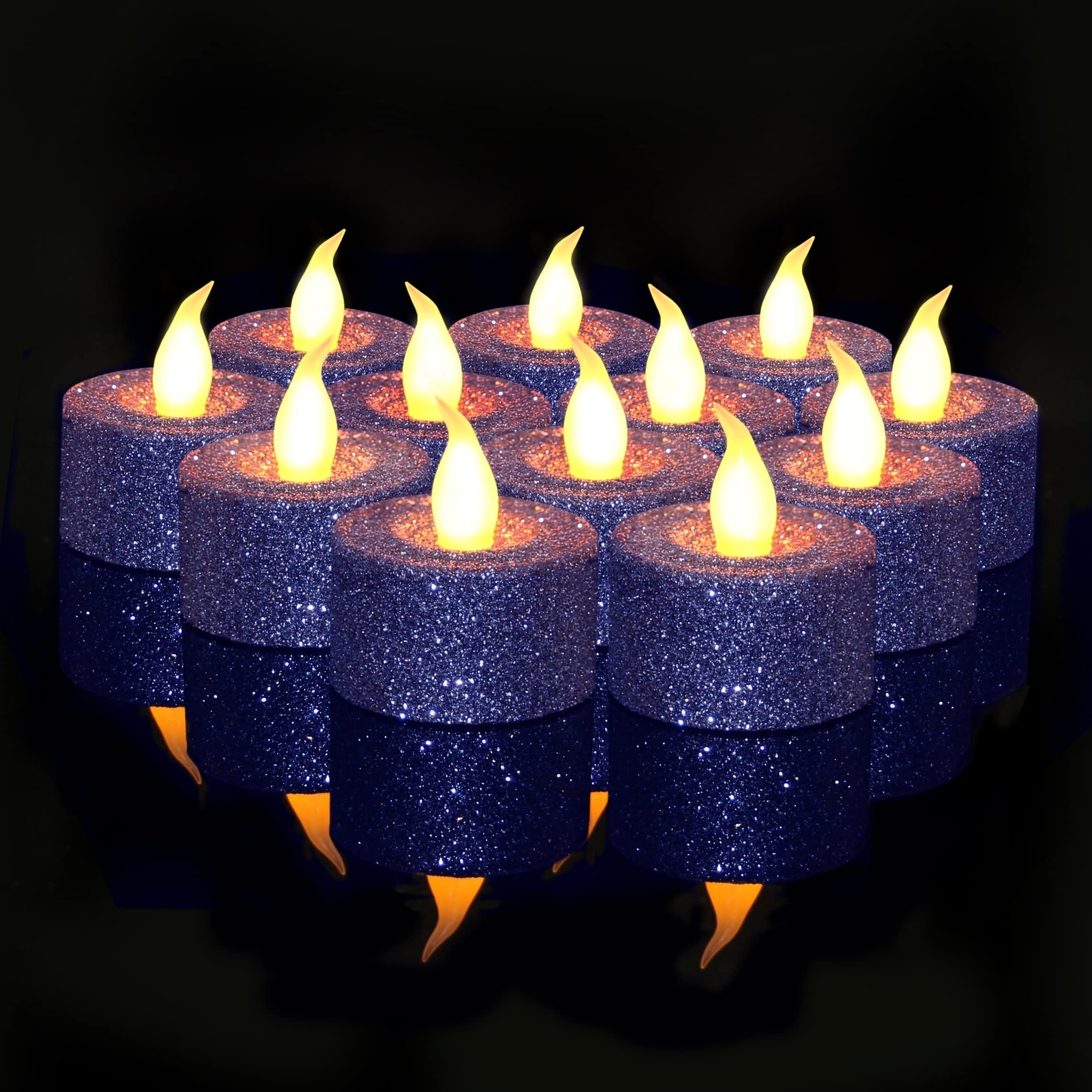 Furora LED Tea Light Candles Battery Operated - 12 Pack Navy Blue Flameless Candles with 6/18 Hour Timer, Glitter Hanukkah & Christmas Decorations - Perfect for Holiday Centerpieces, Wedding Decor, and Tabletop Ambiance