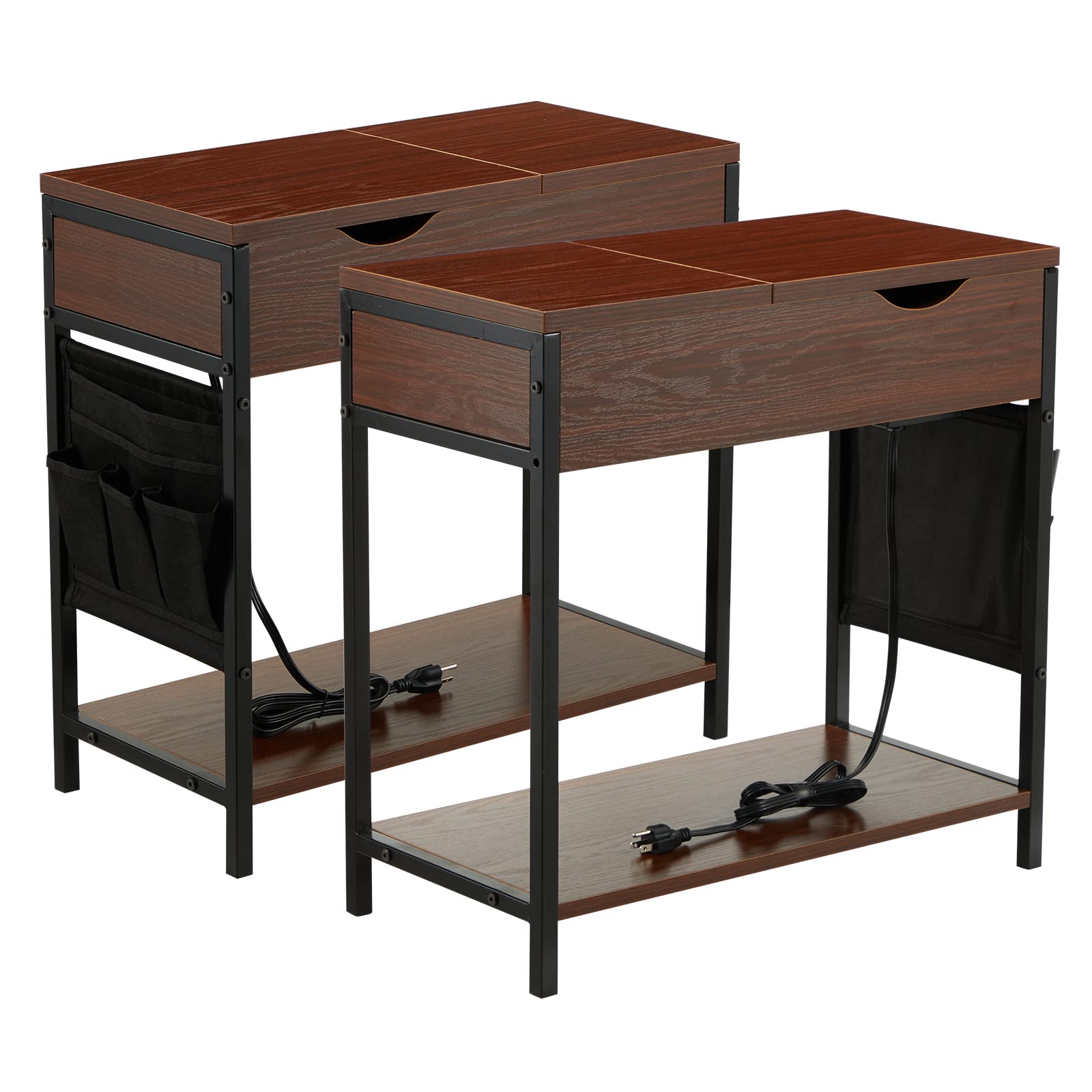 Coolnic Modern Narrow End Table Set of 2 with USB Charging Station & Power Outlets - Nightstand with Storage Shelf & Fabric Bag for Living Room, Bedroom - Space-Saving Sofa Side Table (Wine Red) | Perfect for Small Spaces, Charging Devices & Home Organization