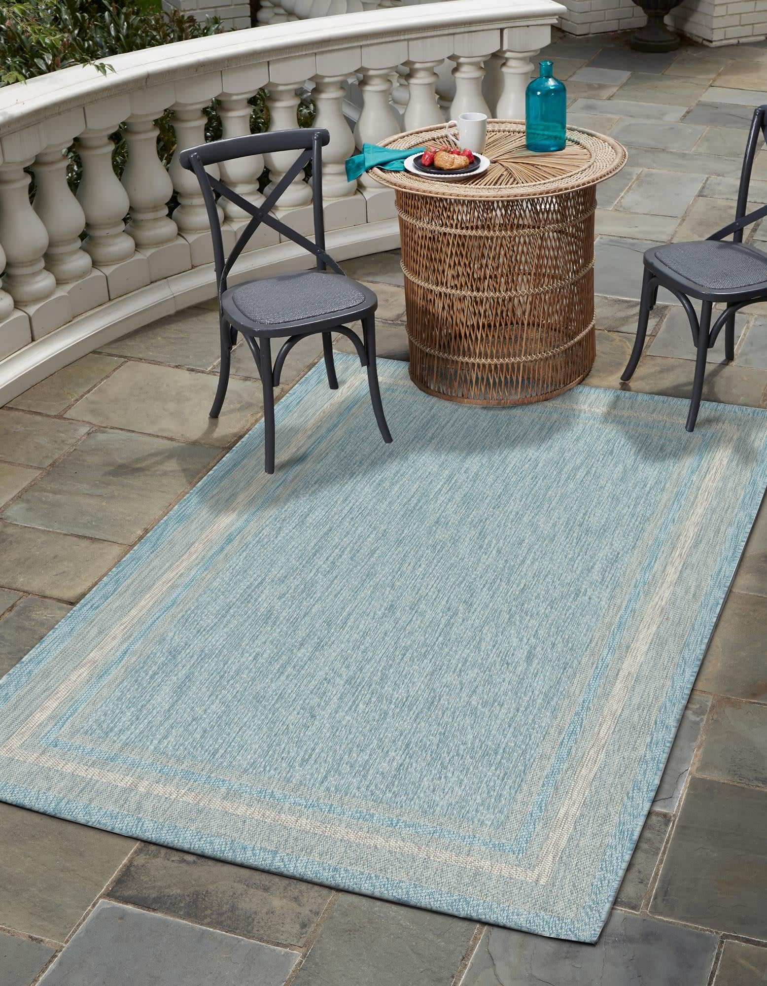 Unique Loom 8x11 ft Indoor Outdoor Area Rug - Aquamarine/Beige Transitional Tonal Border Design - Weather-Resistant for Patio, Deck, Sunroom & Living Room
