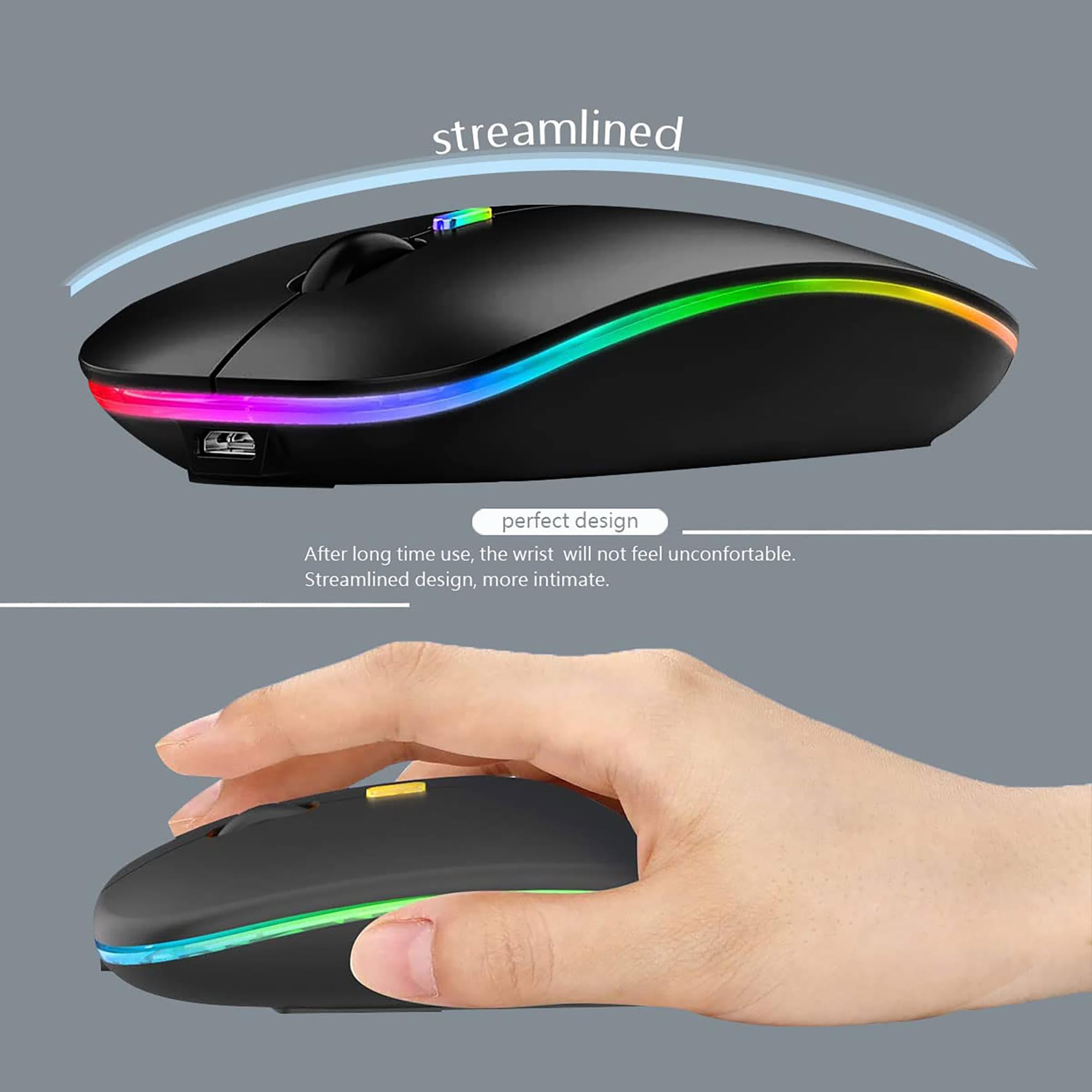 Wireless Bluetooth Mouse Rechargeable Slim Silent LED Mouse with Bluetooth 5.2 & 2.4GHz USB Receiver - Dual Mode Computer Mouse for Laptop, iPad, Tablet, MacBook - Perfect for Office, Home & Travel (Black)