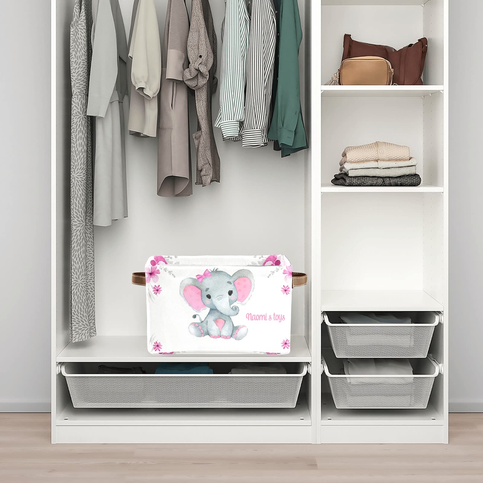 Personalized Pink Elephant Storage Bins with Handles - 1 Pack Organizer Baskets for Nursery, Closet, Shelves & Toy Storage | Perfect for Kids' Room Organization & Home Decor