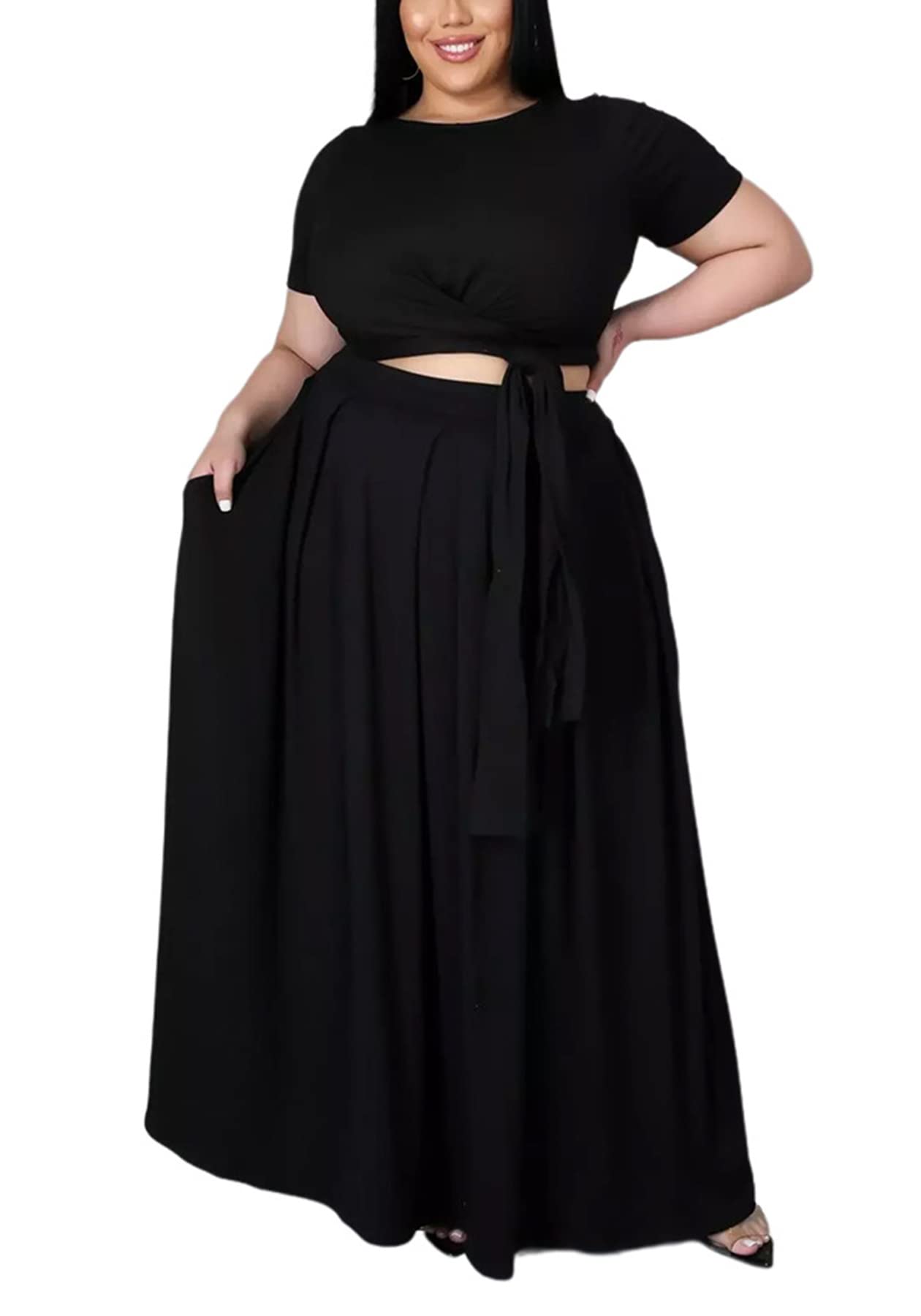 Sexy Plus Size 2 Piece Dress Outfit for Women - Short Sleeve Bandage Wrap Empire Crop Top & Skirt Set | Perfect for Date Night, Club Wear & Summer Fashion
