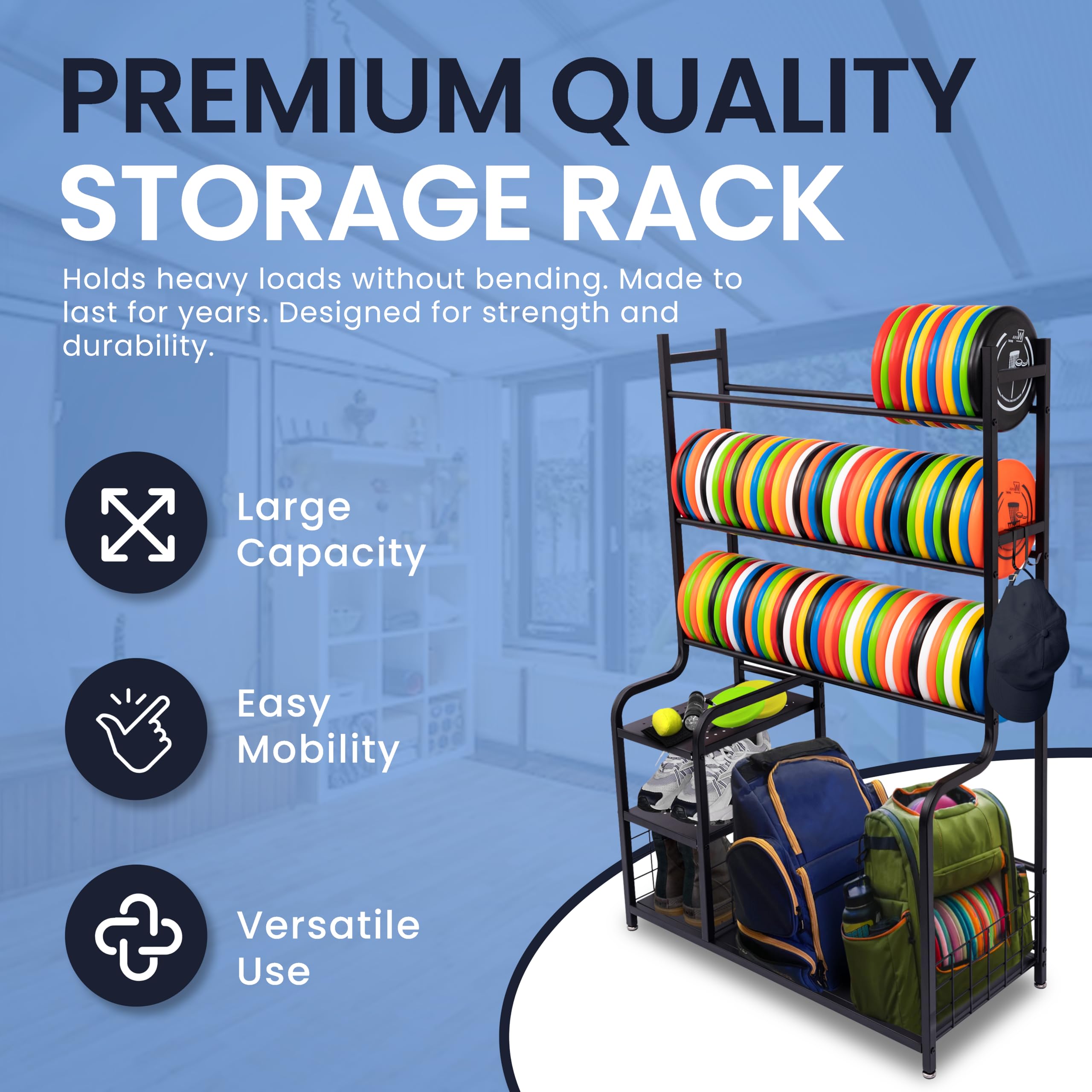 Premium Metal Disc Golf Storage Rack - Heavy Duty Disc Organizer Shelf for Frisbee Equipment | Perfect for Home, Garage & Basement Organization | Black Sport Accessories Stand