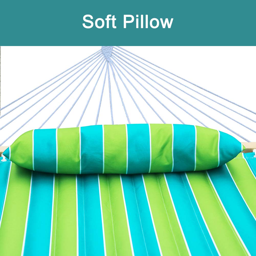 2 Person Heavy Duty Outdoor Hammock with Curved Spreader Bar & Pillow - Portable Hammock Stand for Garden, Backyard, Pool, Beach - Perfect for Relaxing, Camping & Vacation (Green Stripe)