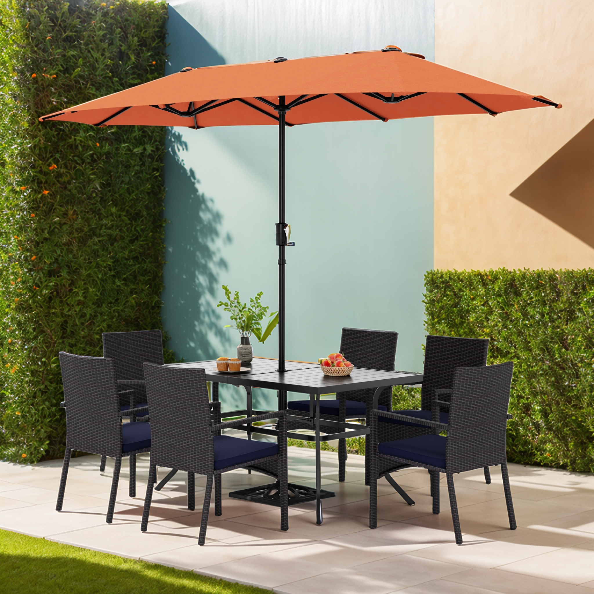 PHI VILLA 8-Piece Outdoor Patio Dining Set with 13ft Umbrella, Wicker Rattan Chairs & Durable Steel Table - Perfect for Backyard, Garden, Poolside & Outdoor Entertaining