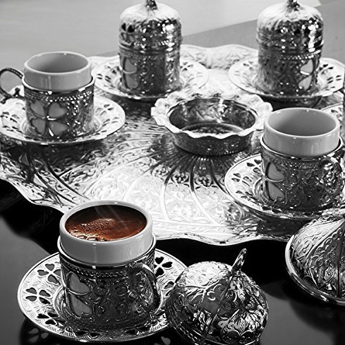 Premium Espresso Coffee Cups Set of 6 with Saucers & Holders - Porcelain Turkish/Arabic/Greek Style Coffee Set - Elegant Silver Cups for Home, Office or Cafe Use - Perfect Wedding, Housewarming & Hostess Gifts - Ideal for Afternoon Tea, Coffee Breaks & Entertaining Guests
