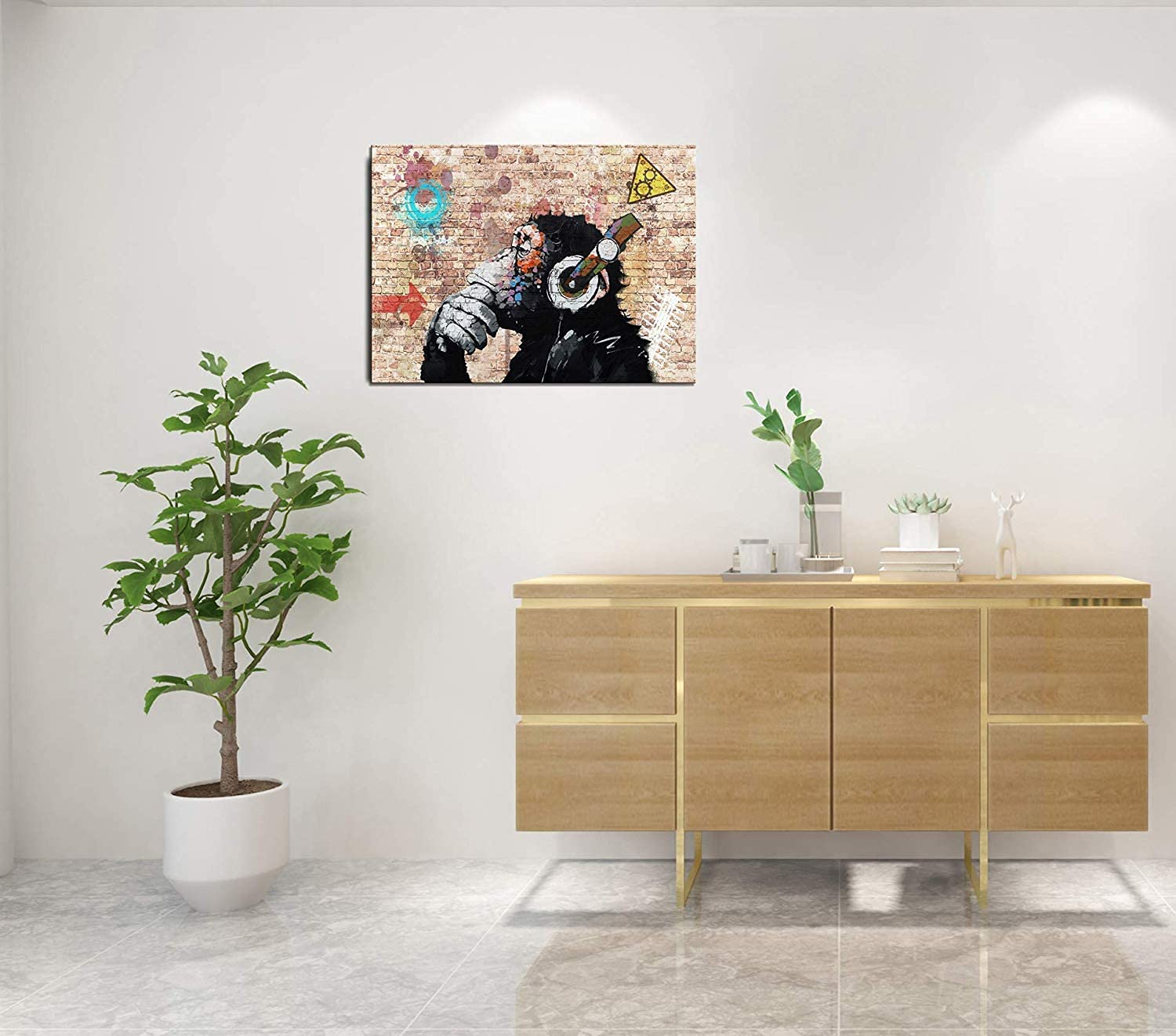 Abstract Thinking Monkey with Headphones Canvas Wall Art - 8x10 Inch Framed Print for Bedroom, Bathroom & Home Decor | Modern Gallery Artwork for Living Room, Office & Dorm Wall Decor