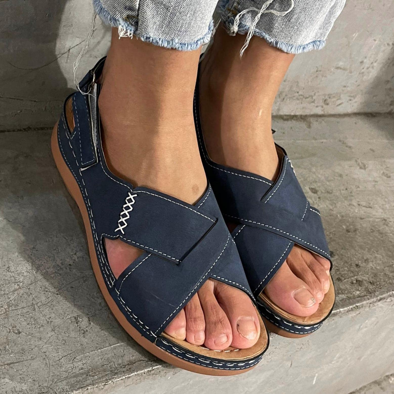 Women's Comfortable Leather Wedge Sandals - Casual Bohemian Cross Strap Slingback Dress Shoes with Buckle for Summer Beach, Outdoor & Party Wear