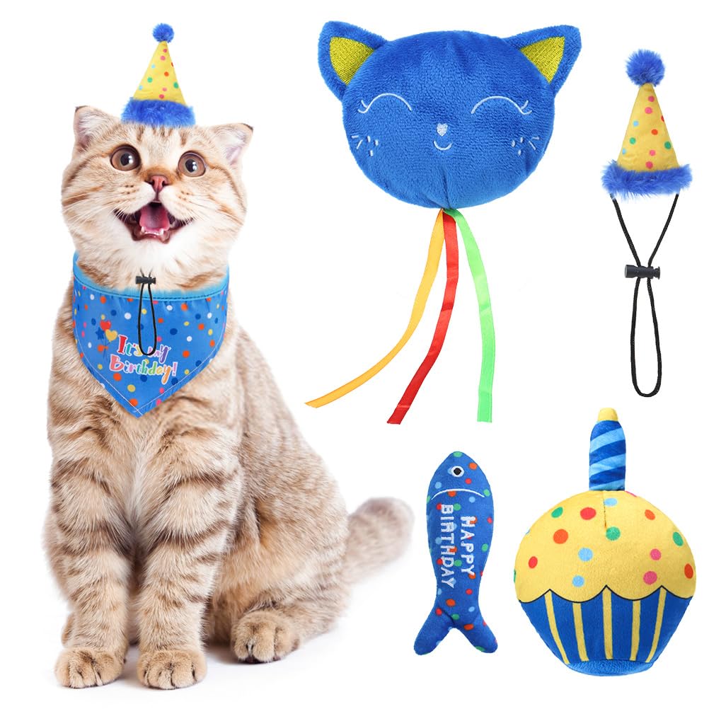 BINGPET Cat Birthday Party Set - Catnip Toys, Birthday Hat, Bandana & Cake Plush for Indoor Cats - Interactive Chew Toys with Crinkle Paper & Catnip (Blue) - Perfect for Birthday Celebrations & Playtime