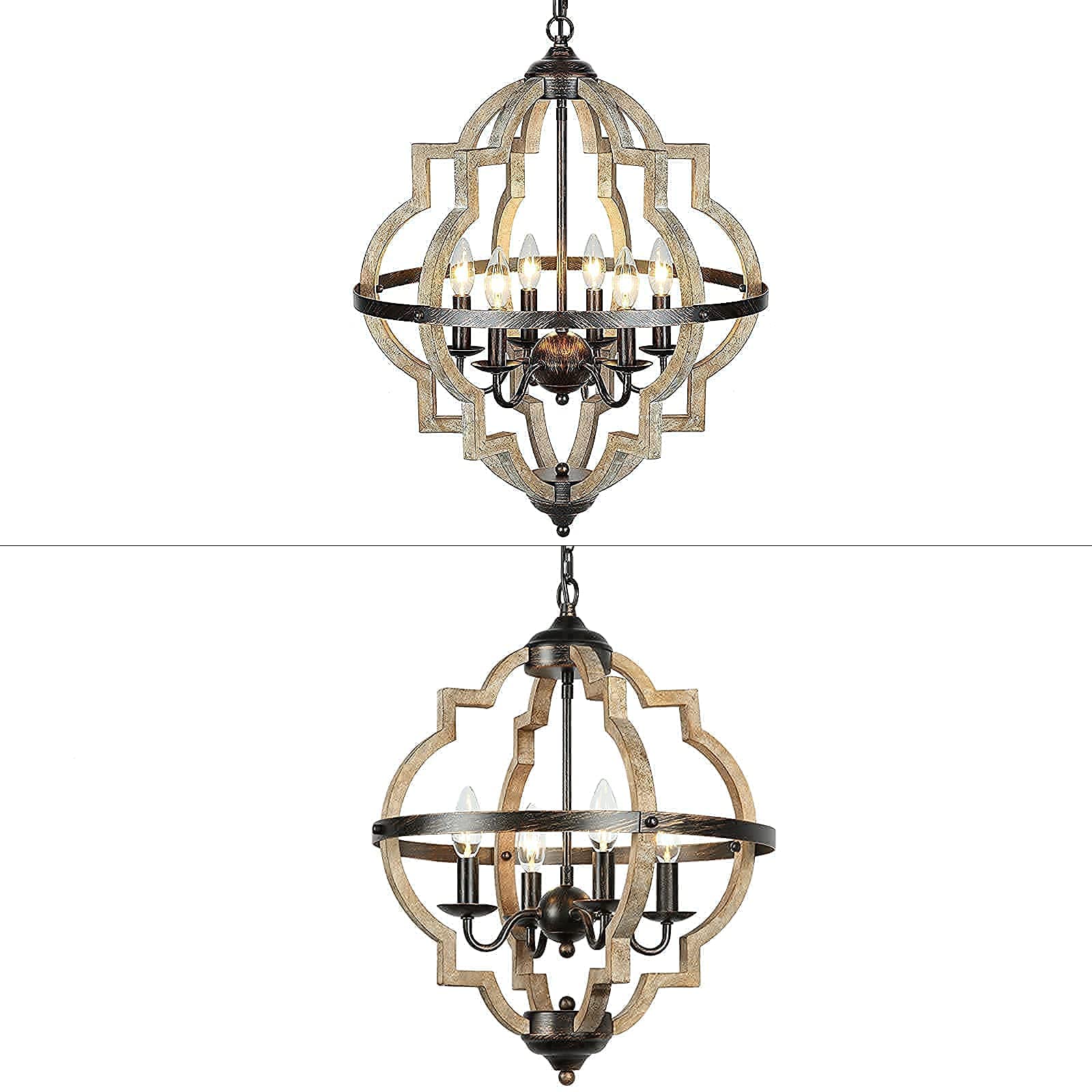 Orb Farmhouse Chandelier with Stardust Finish - Rustic Vintage Wood & Metal Pendant Light for Kitchen Island, Dining Room, Living Room, Foyer - 4/6 Lights, Brown | Perfect for Farmhouse Decor, Cozy Dining Ambiance & Entryway Lighting